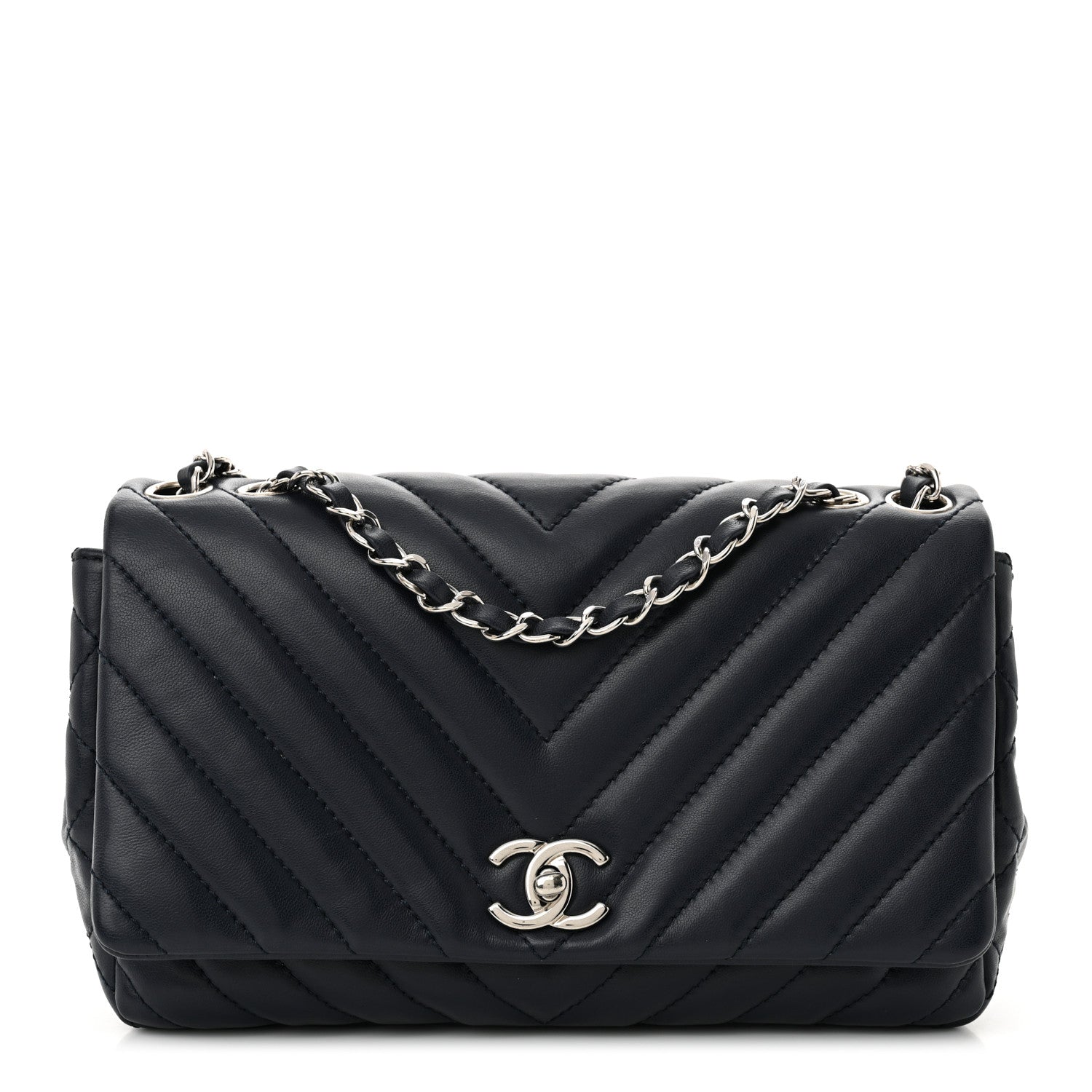 Lambskin Chevron Quilted Single Flap Navy Blue