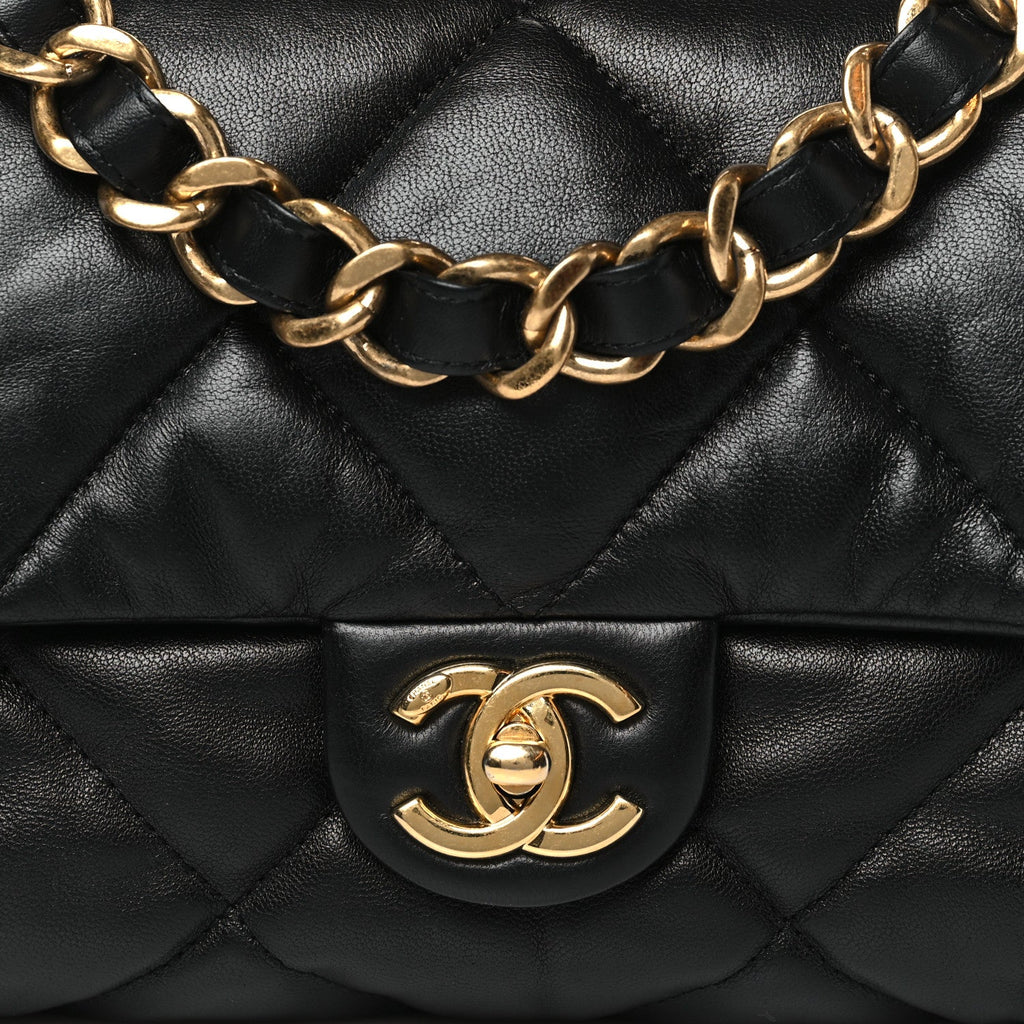 Lambskin Quilted Small Chain Top Handle Flap Black