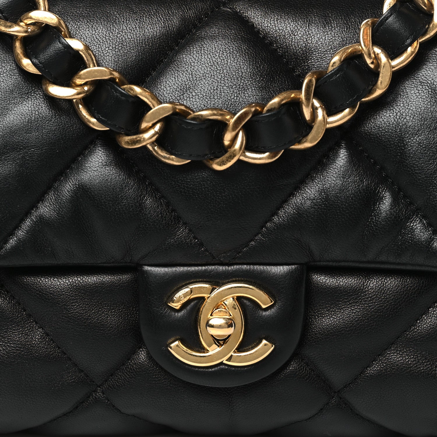 Lambskin Quilted Small Chain Top Handle Flap Black