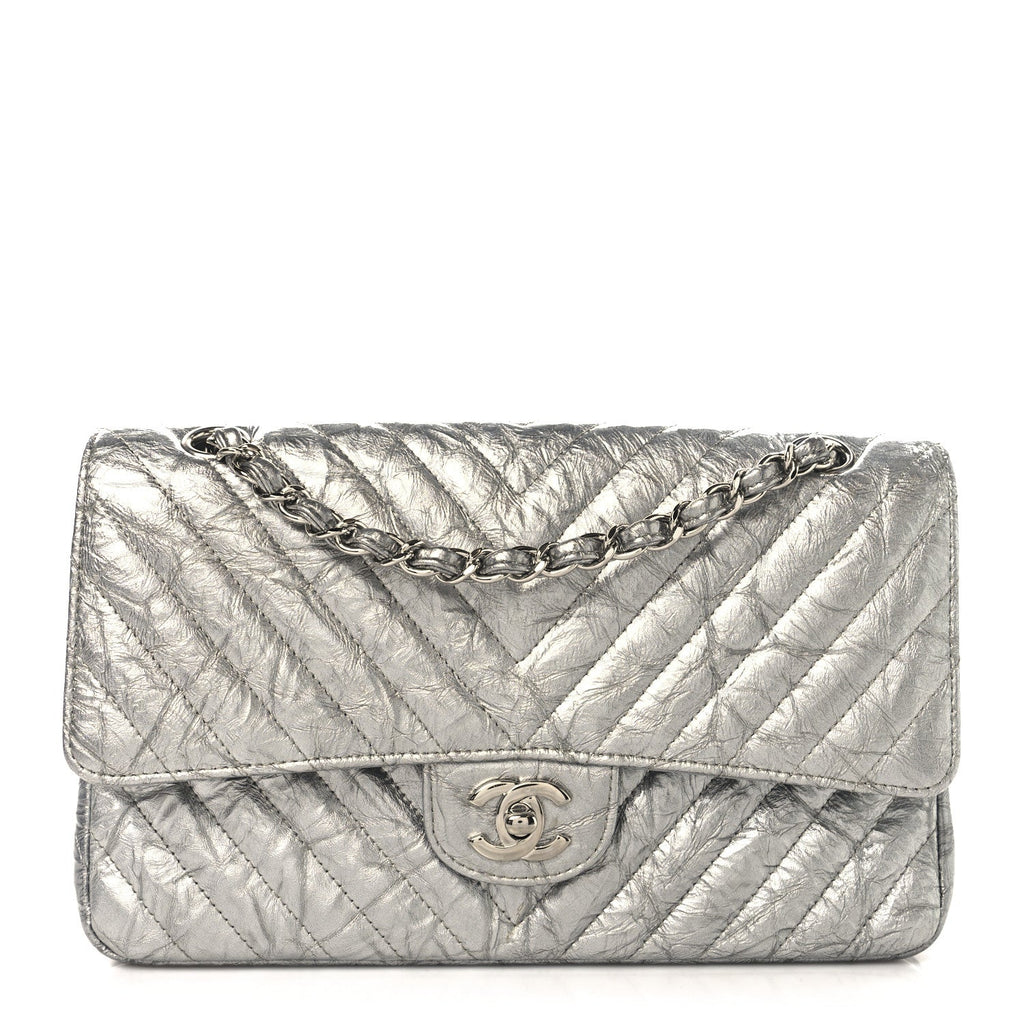 Metallic Patent Crumpled Calfskin Chevron Quilted Medium Double Flap Silver
