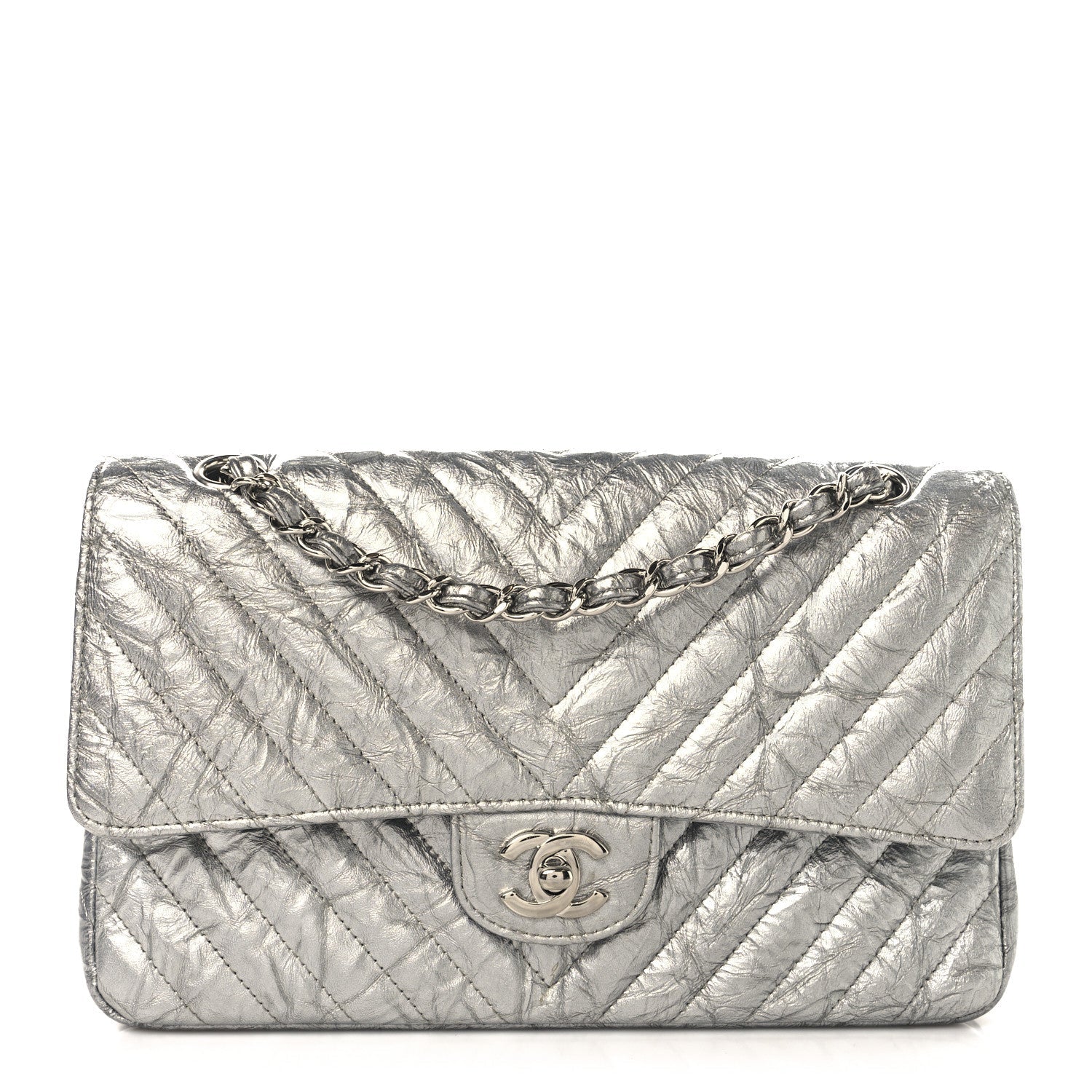 Metallic Patent Crumpled Calfskin Chevron Quilted Medium Double Flap Silver
