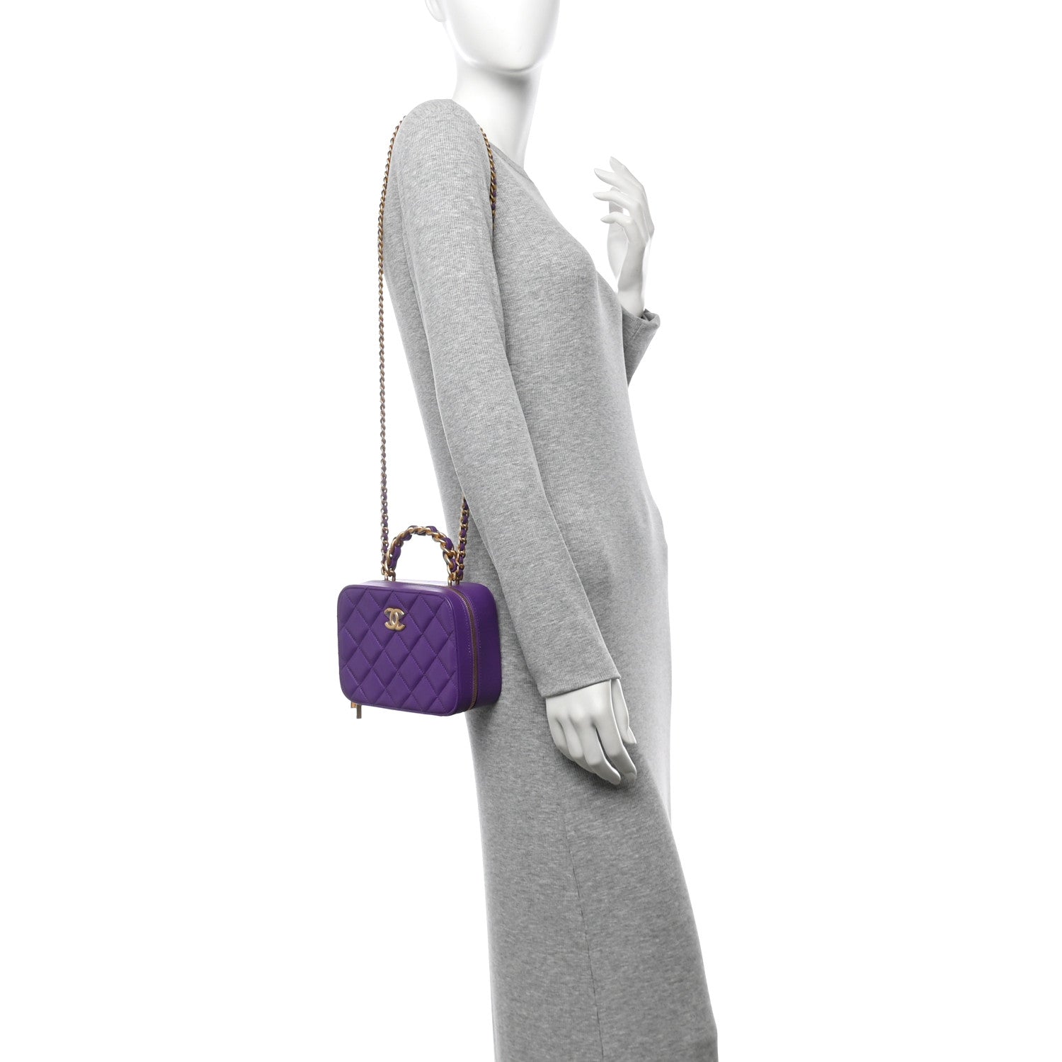 Lambskin Quilted Top Handle Small Vanity Case Purple