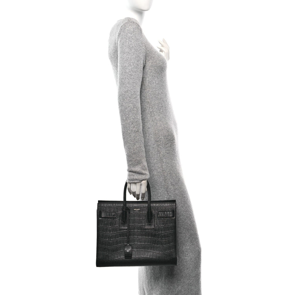 Calfskin Crocodile Embossed Small Sac de Jour Black