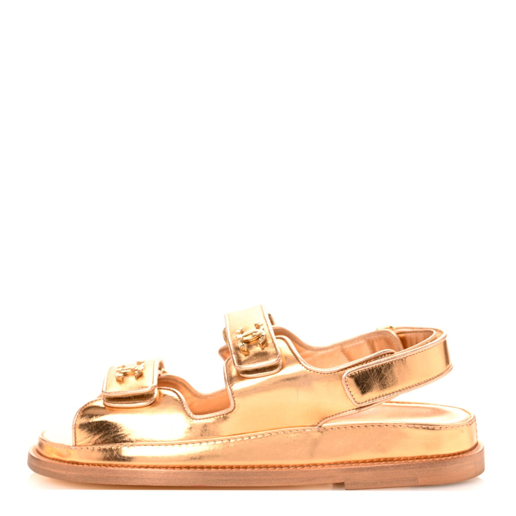 Metallic Laminated Calfskin Velcro Dad Sandals 36 Golden