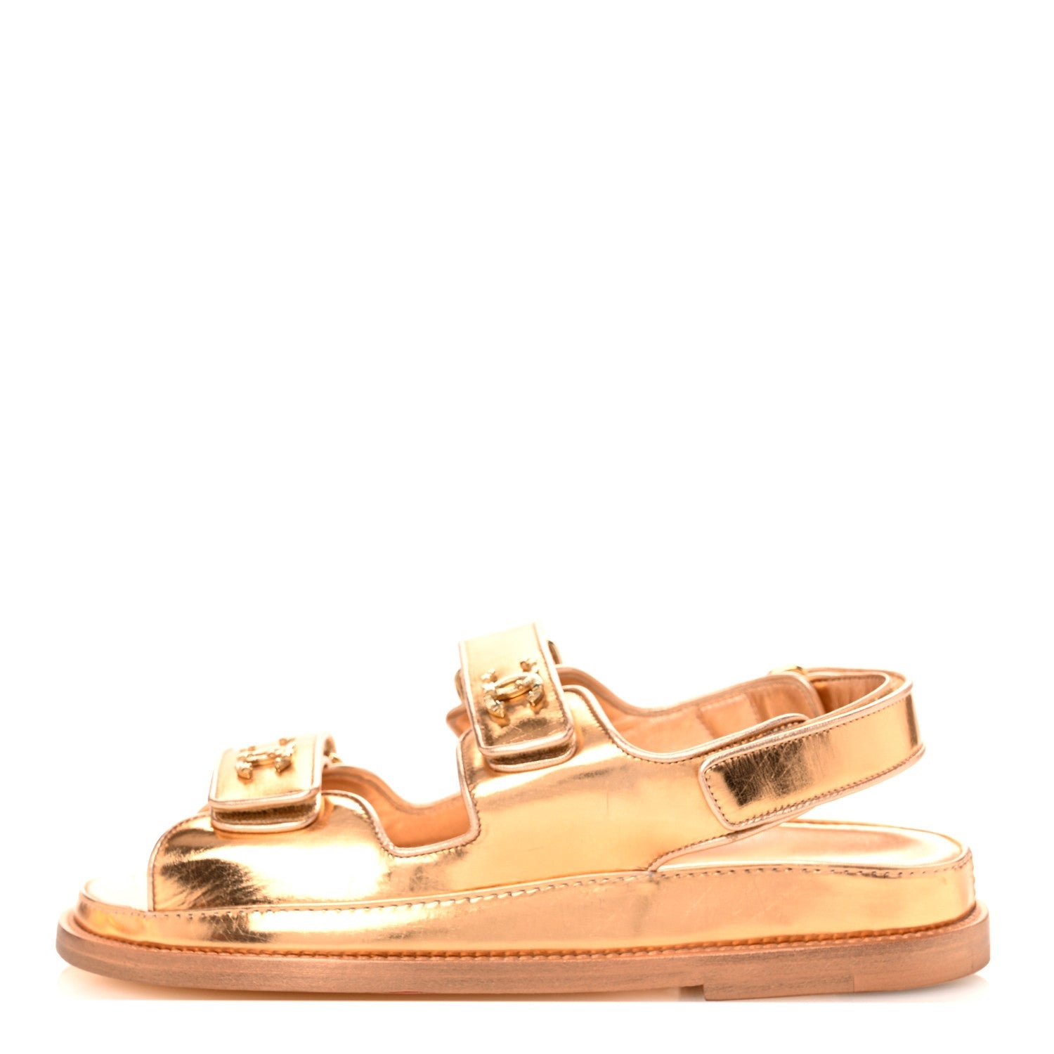 Metallic Laminated Calfskin Velcro Dad Sandals 36 Golden