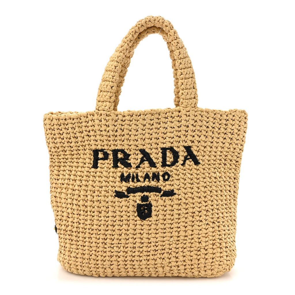 Yarn Raffia Effect Crochet Embroidered Small Logo Tote Naturale