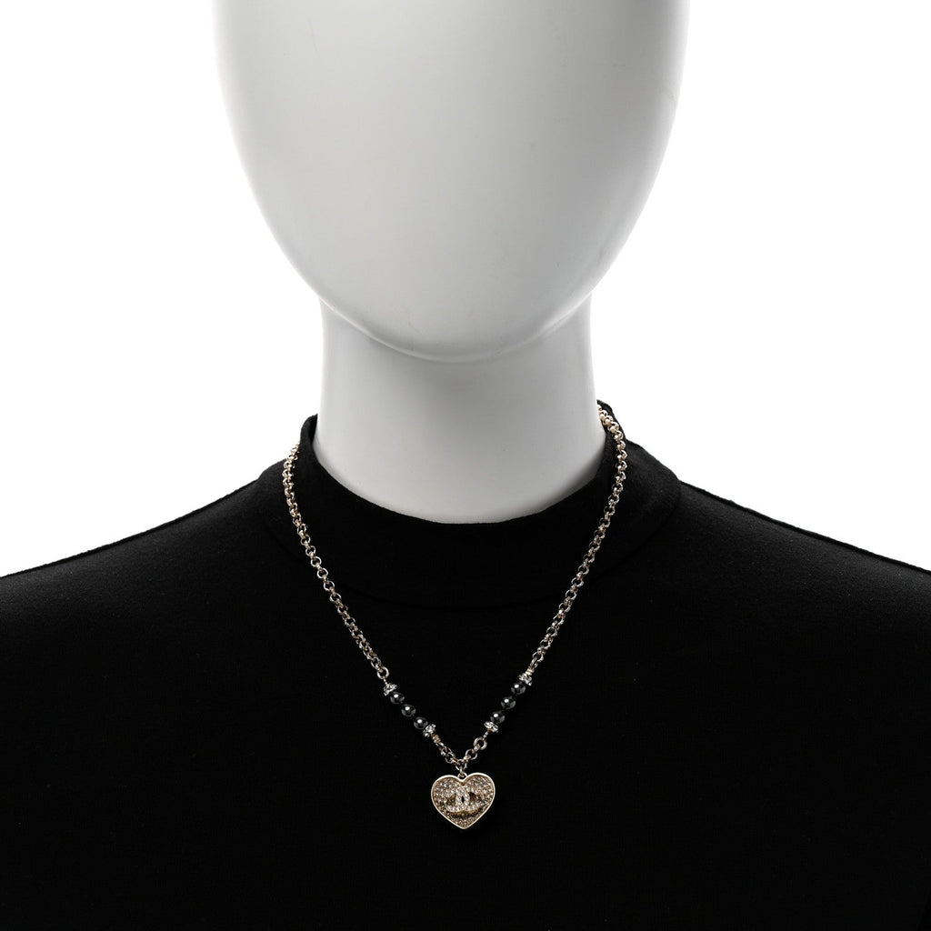 Pearl Resin Crystal Heart CC Pendant Chain Necklace Ruthenium Light Gold
