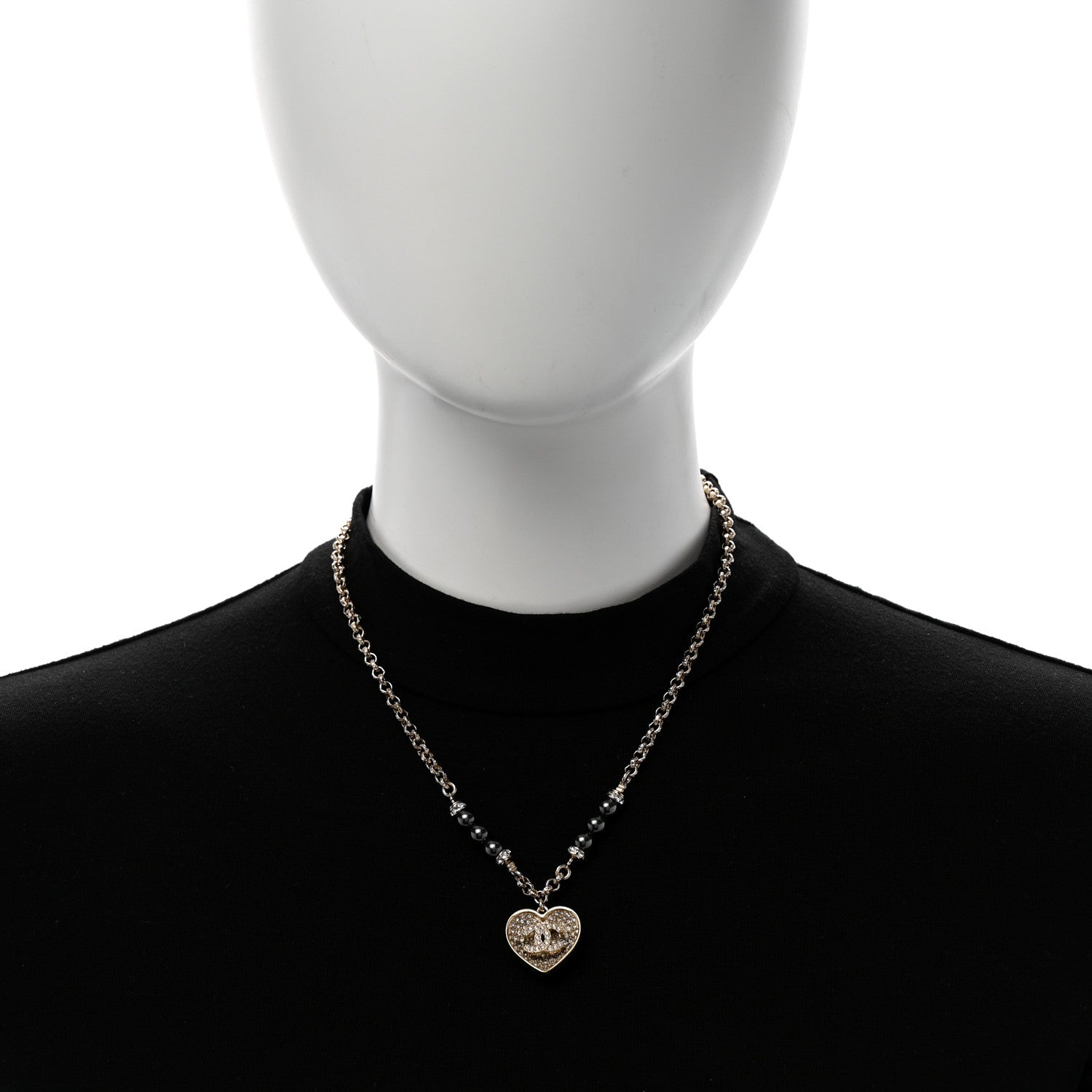 Pearl Resin Crystal Heart CC Pendant Chain Necklace Ruthenium Light Gold