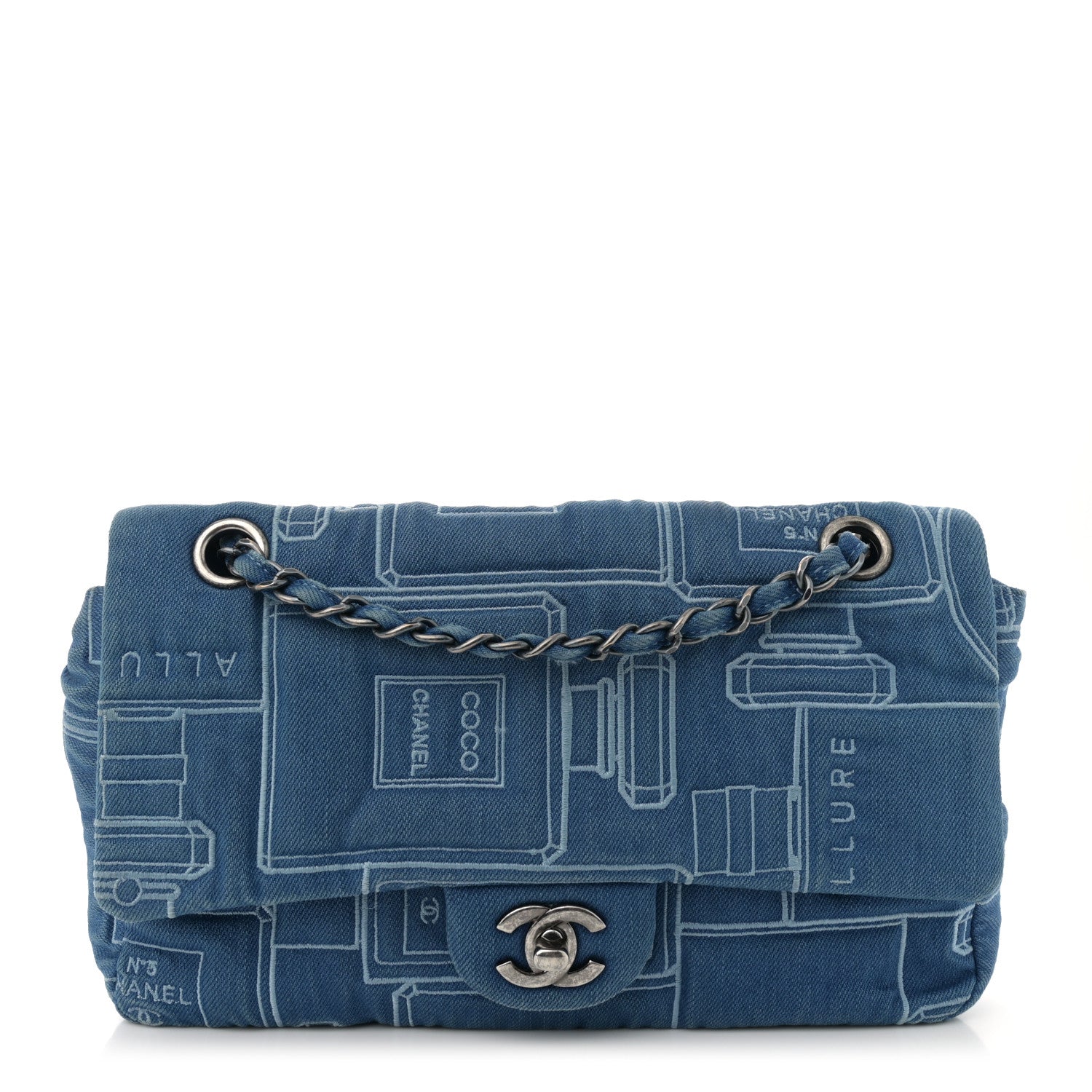 Denim Embroidered Medium Perfume Bottle Flap Light Blue