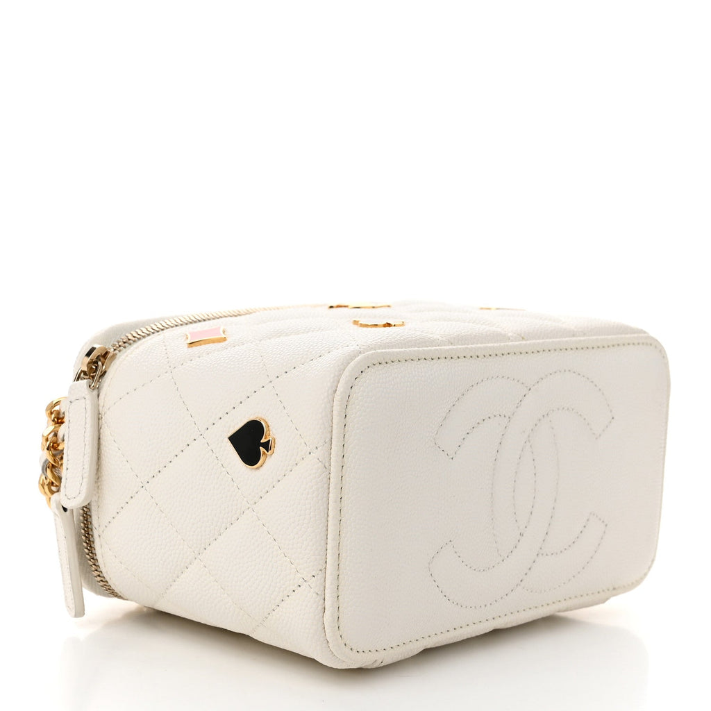 Caviar Quilted Enamel Coco Casino Small Vanity Case With Chain White
