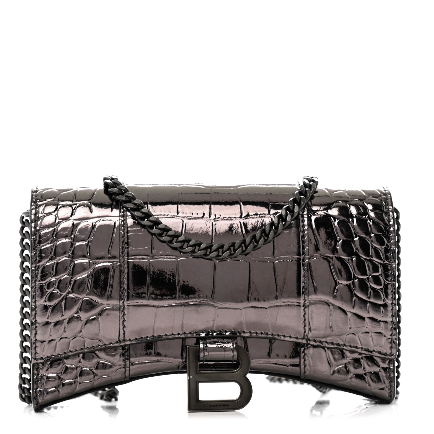 Shiny Metallic Calfskin Crocodile Embossed Hourglass Chain Bag Gunmetal