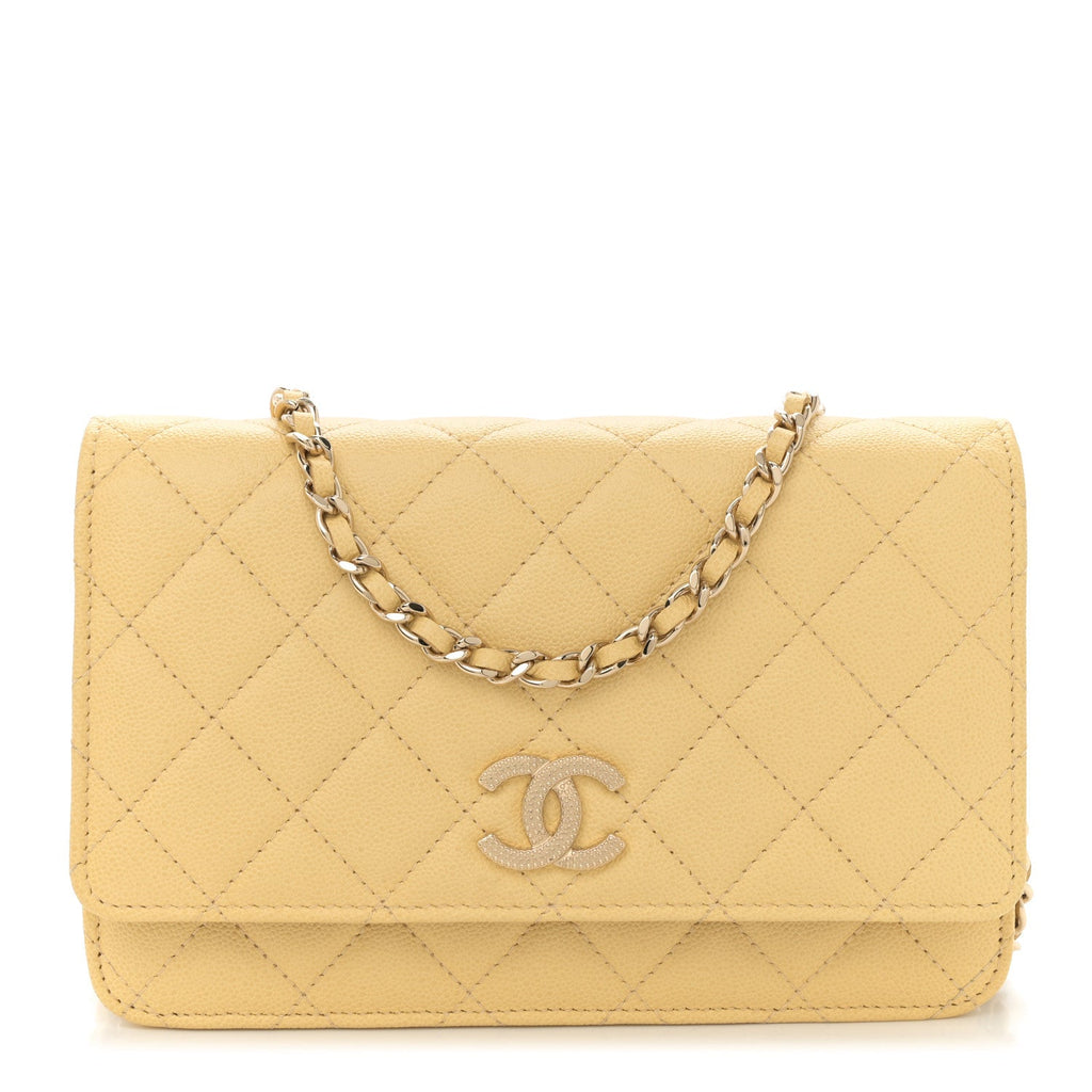 Caviar Quilted Studded CC Wallet on Chain WOC Yellow