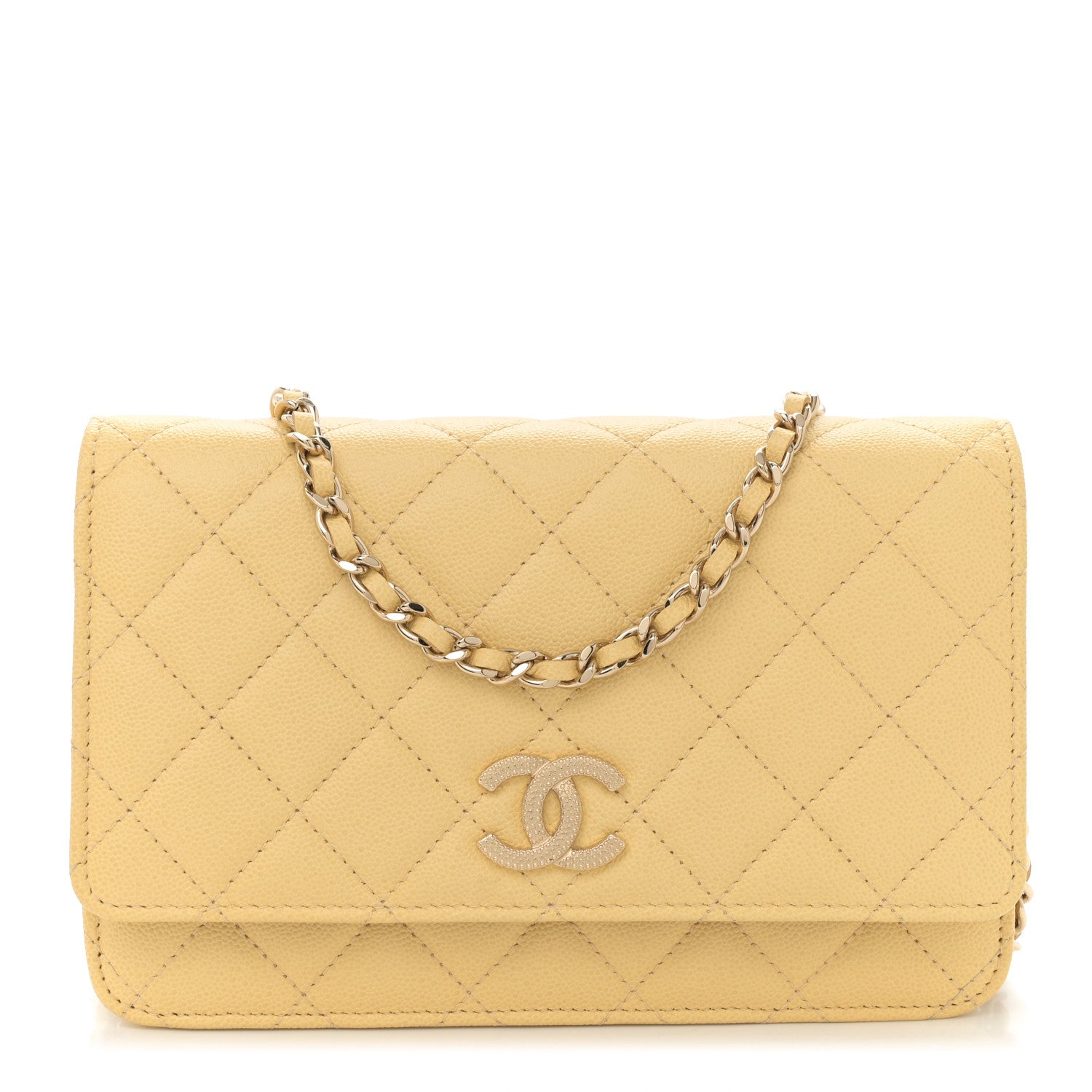 Caviar Quilted Studded CC Wallet on Chain WOC Yellow