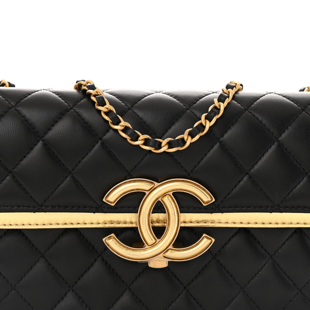 Lambskin Metallic Quilted Small CC Chic Double Flap Black Gold