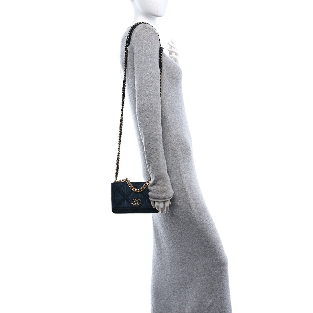 Denim Quilted Chanel 19 Wallet On Chain WOC Blue