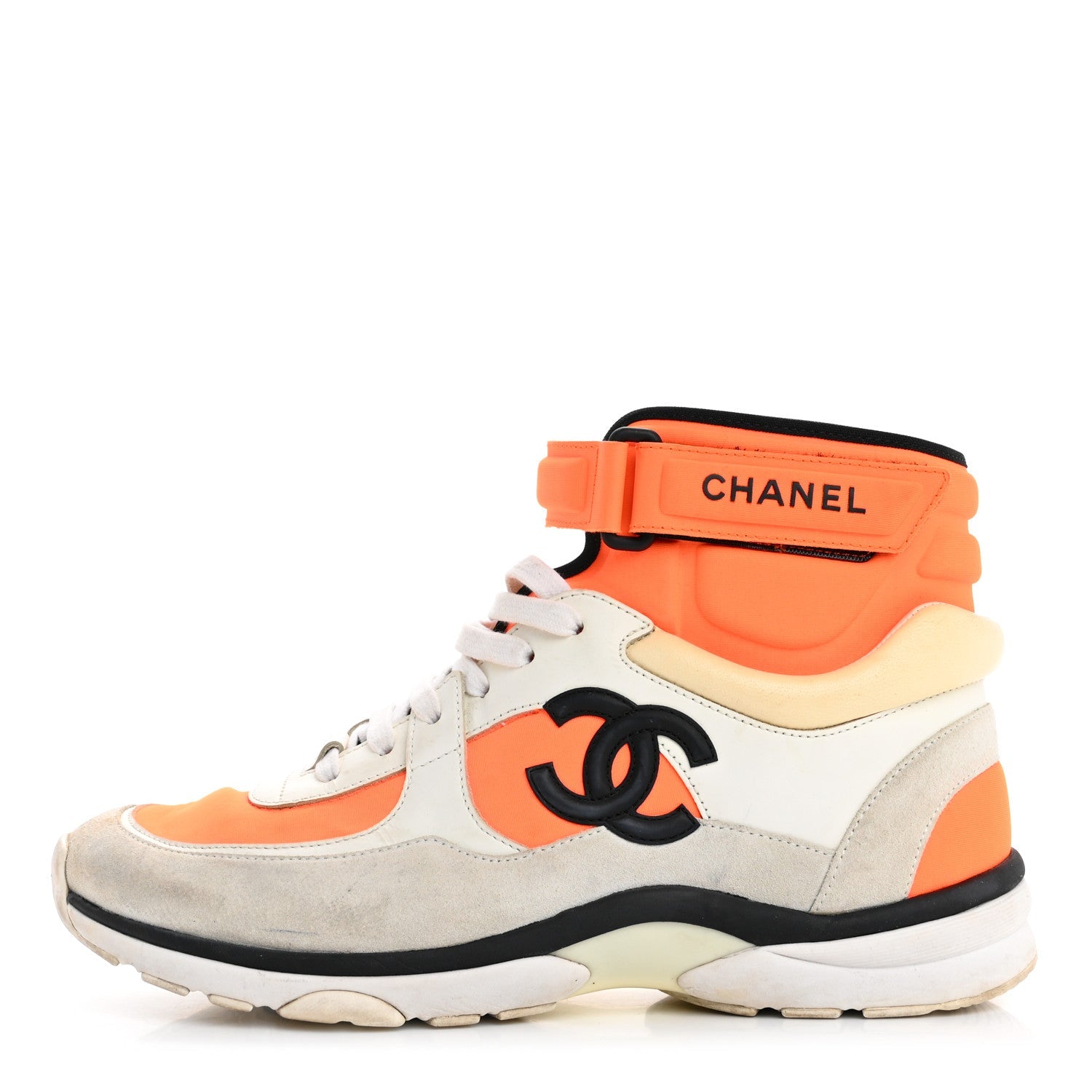 Suede Calfskin Lambskin Neoprene High Top CC Sneakers 40 White Fluo Orange