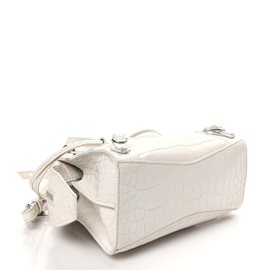 Semi Shiny Calfskin Crocodile Embossed Neo Classic Silver Hardware Mini City White
