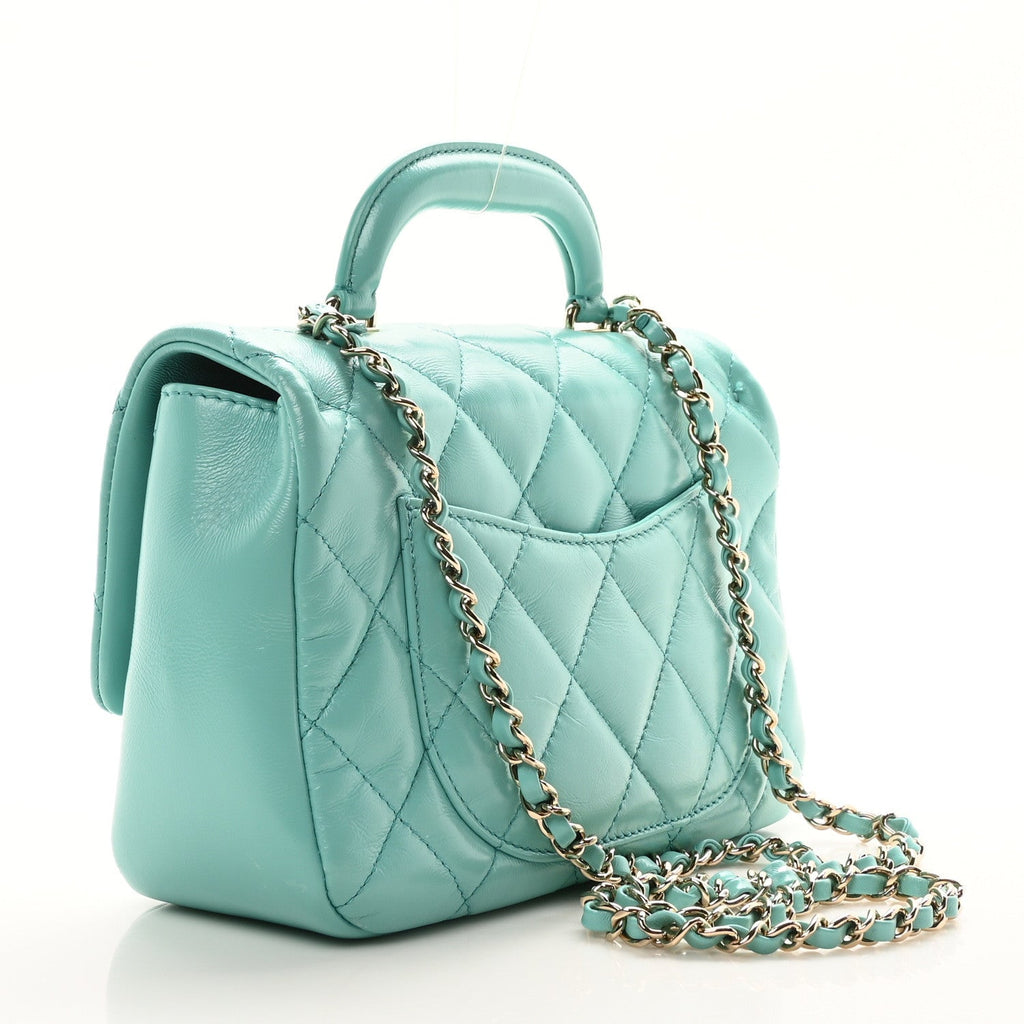 Shiny Lambskin Quilted Coco Trip Flap Bag Turquoise