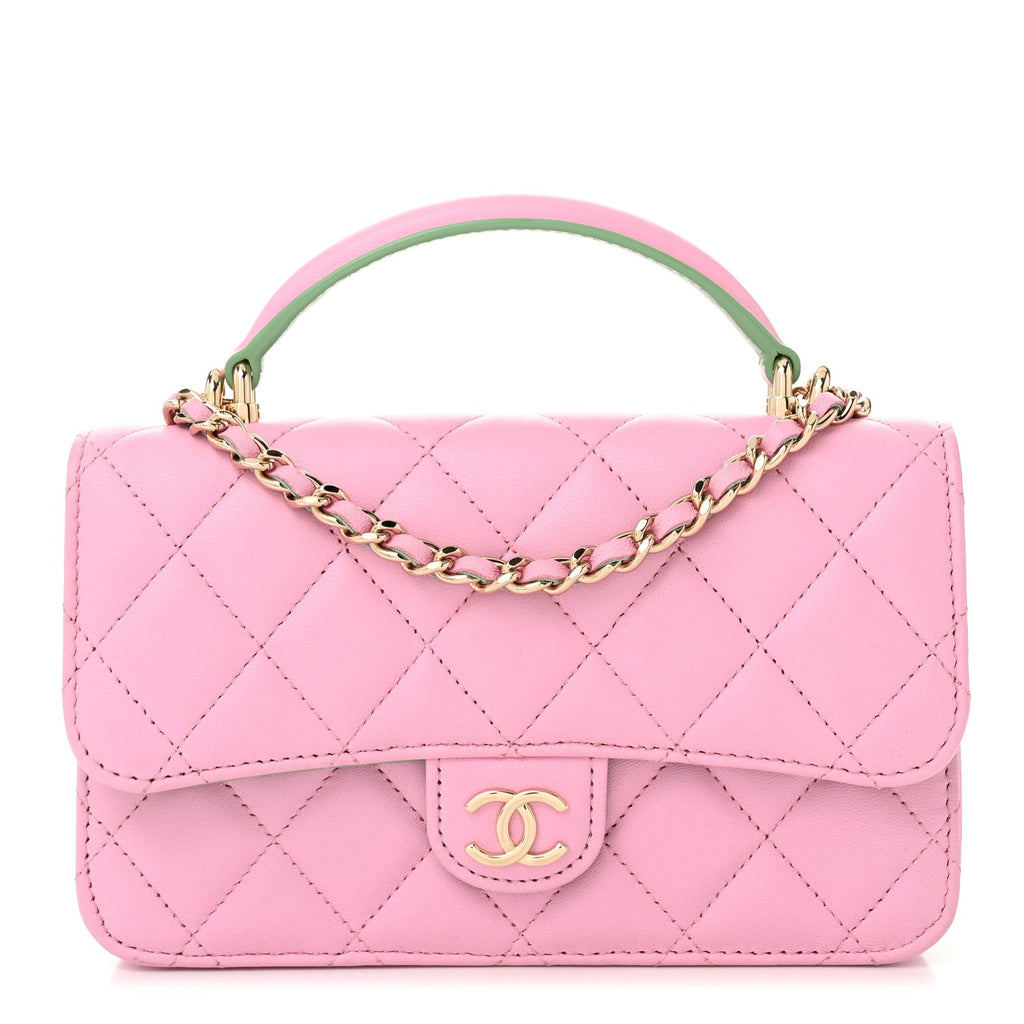 Lambskin Quilted Flap Phone Holder With Chain Lilac Light Green
