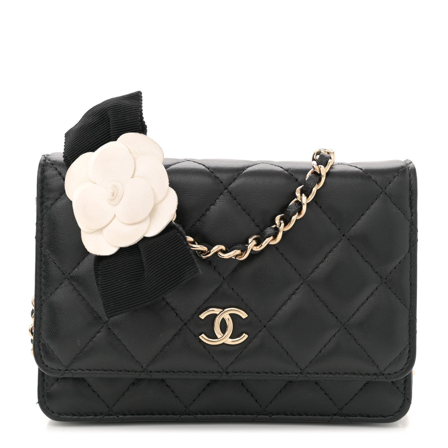 Lambskin Quilted Mini Camellia Bow Wallet On Chain WOC Black