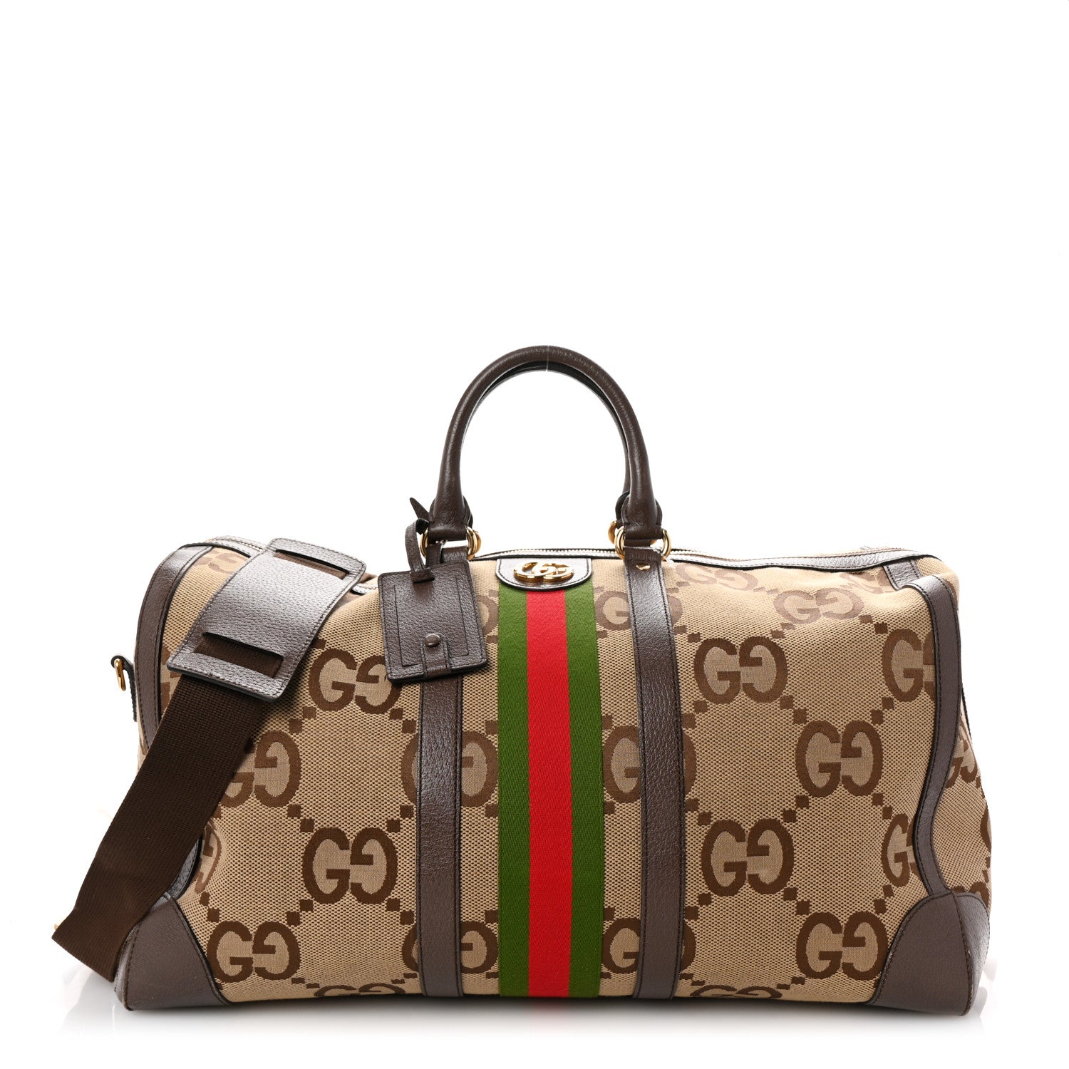 Monogram Jumbo GG Textured Dollar Calfskin Web Large Duffle Bag Camel Ebony