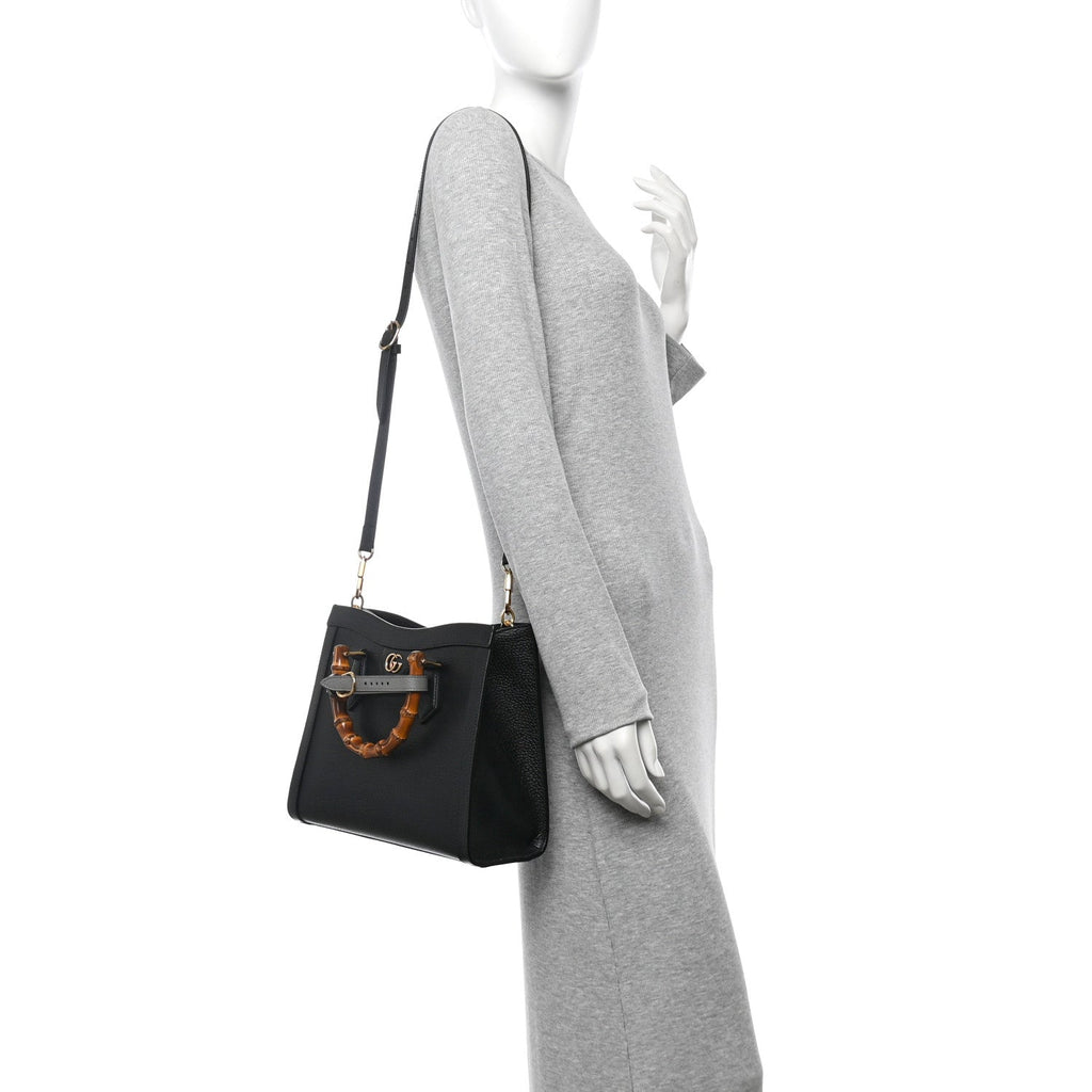 Textured Dollar Calfskin Web Small Diana Tote Bag Black Dusty Grey