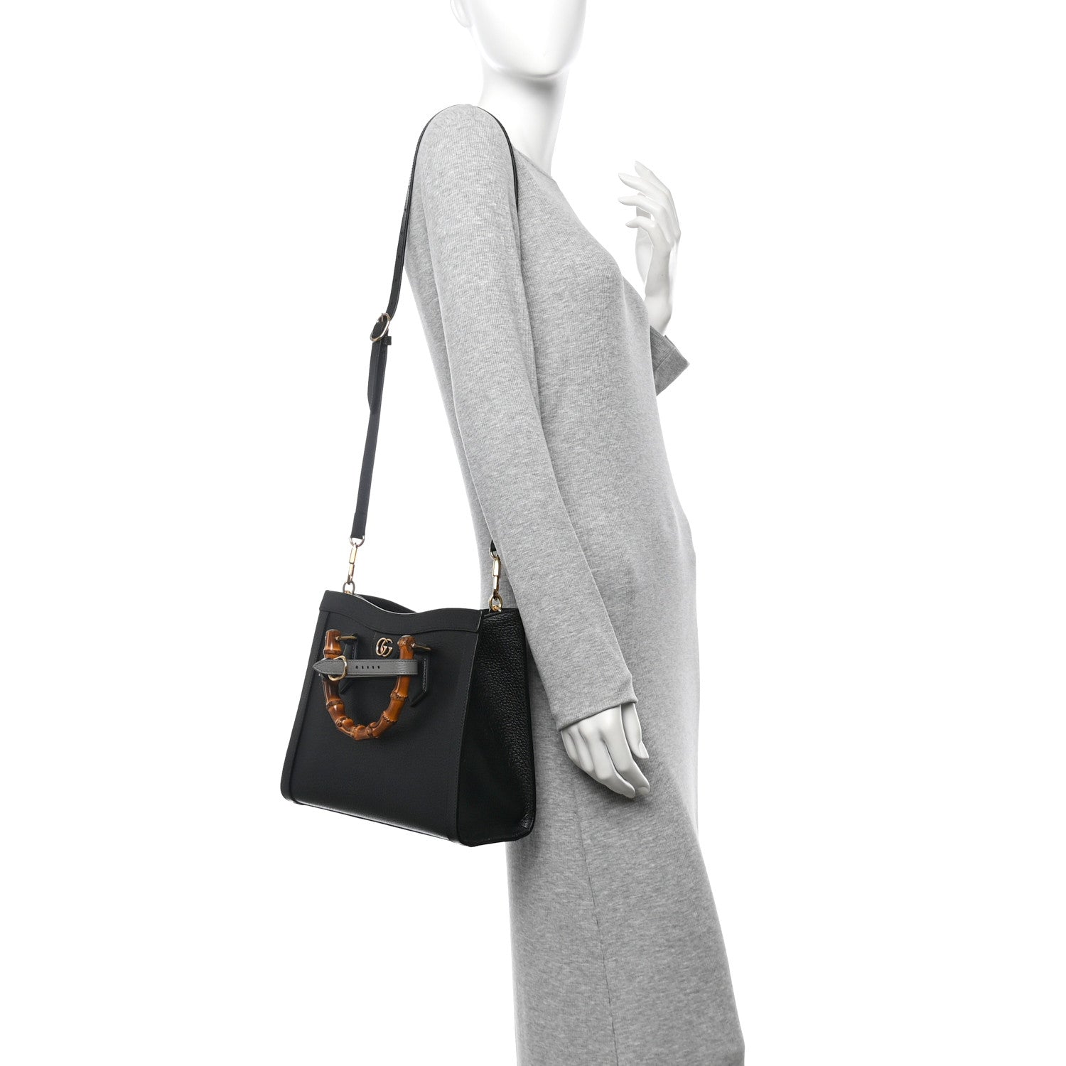 Textured Dollar Calfskin Web Small Diana Tote Bag Black Dusty Grey