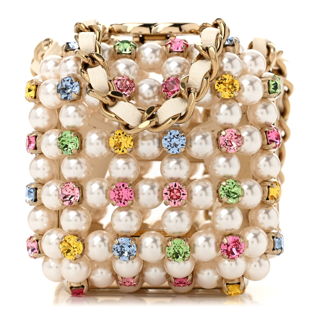 Metal Pearl Minaudiere CC Mini Evening Bag White Gold Multicolor