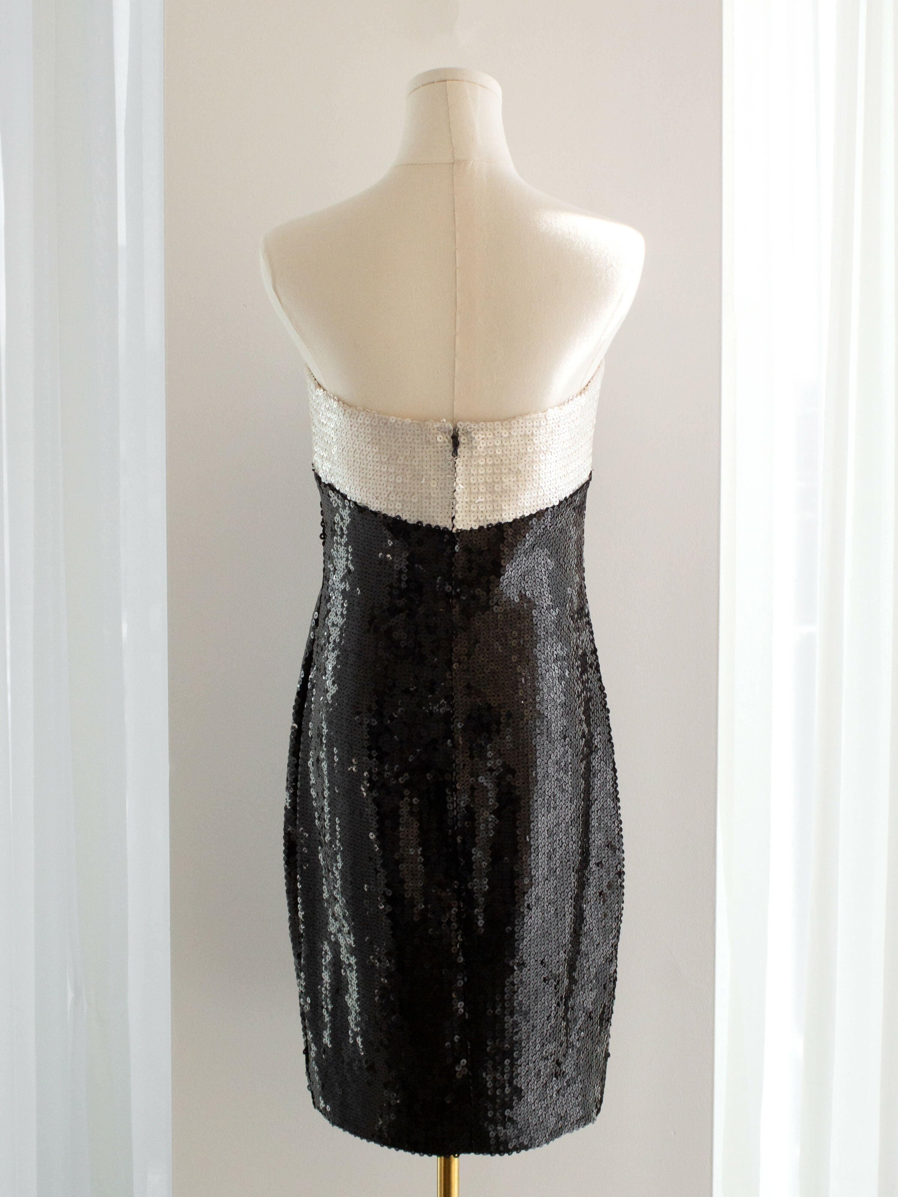 Chanel Vintage S/S 1987 White Black Sequin Embellished Bow Bustier Mini Dress