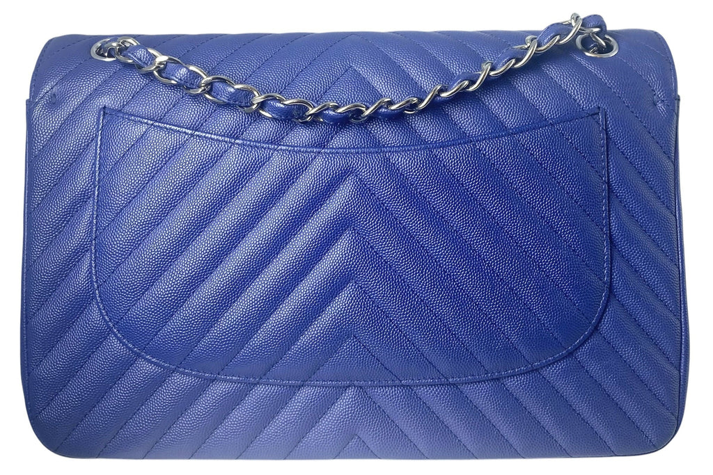Chanel 2019 Bright Blue Caviar Chevron Quilted Jumbo Double Flap Timeless Classic Bag SHW