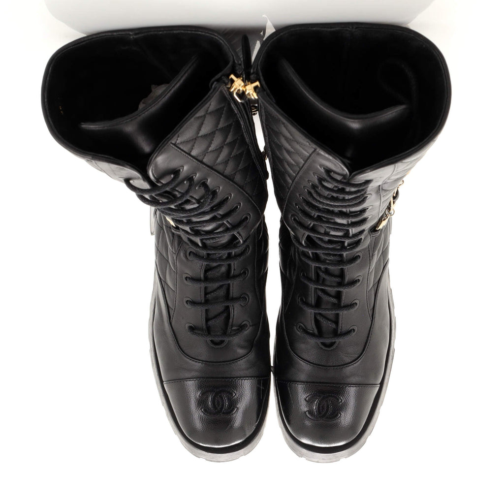 Women's Chain CC Cap Toe Lace-Up Mid Calf Boots Quilted Leather