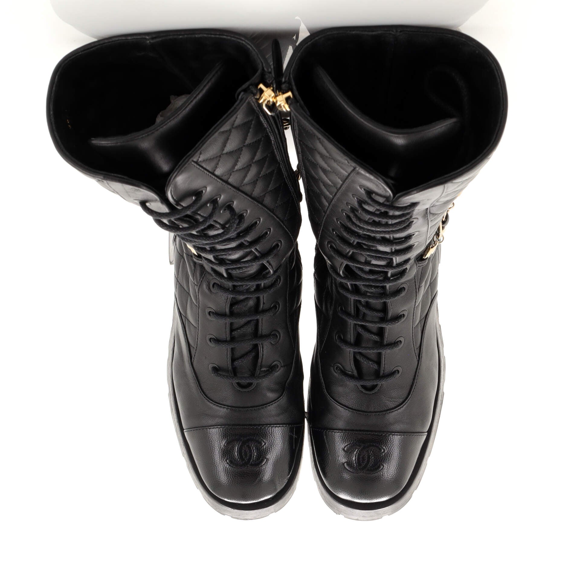 Women's Chain CC Cap Toe Lace-Up Mid Calf Boots Quilted Leather