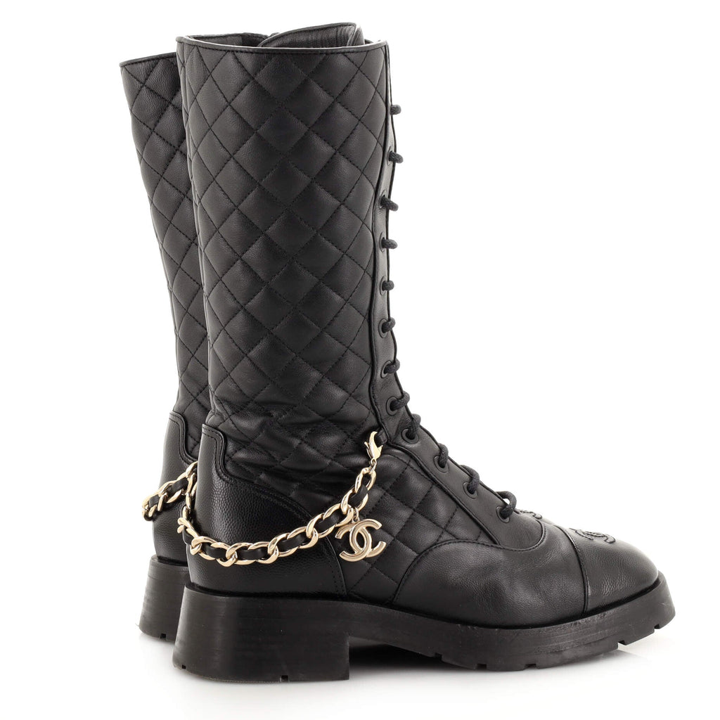 Women's Chain CC Cap Toe Lace-Up Mid Calf Boots Quilted Leather
