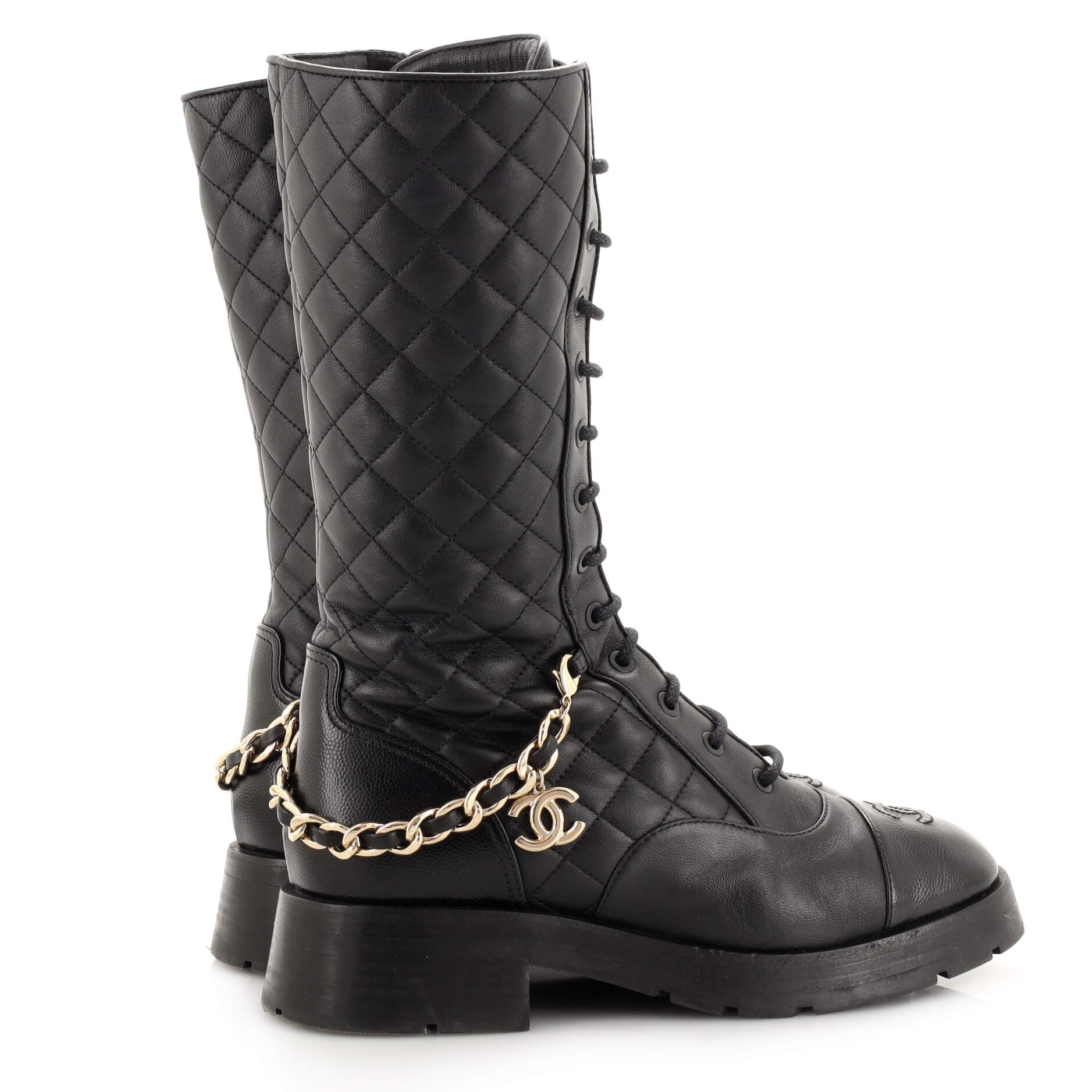 Women's Chain CC Cap Toe Lace-Up Mid Calf Boots Quilted Leather