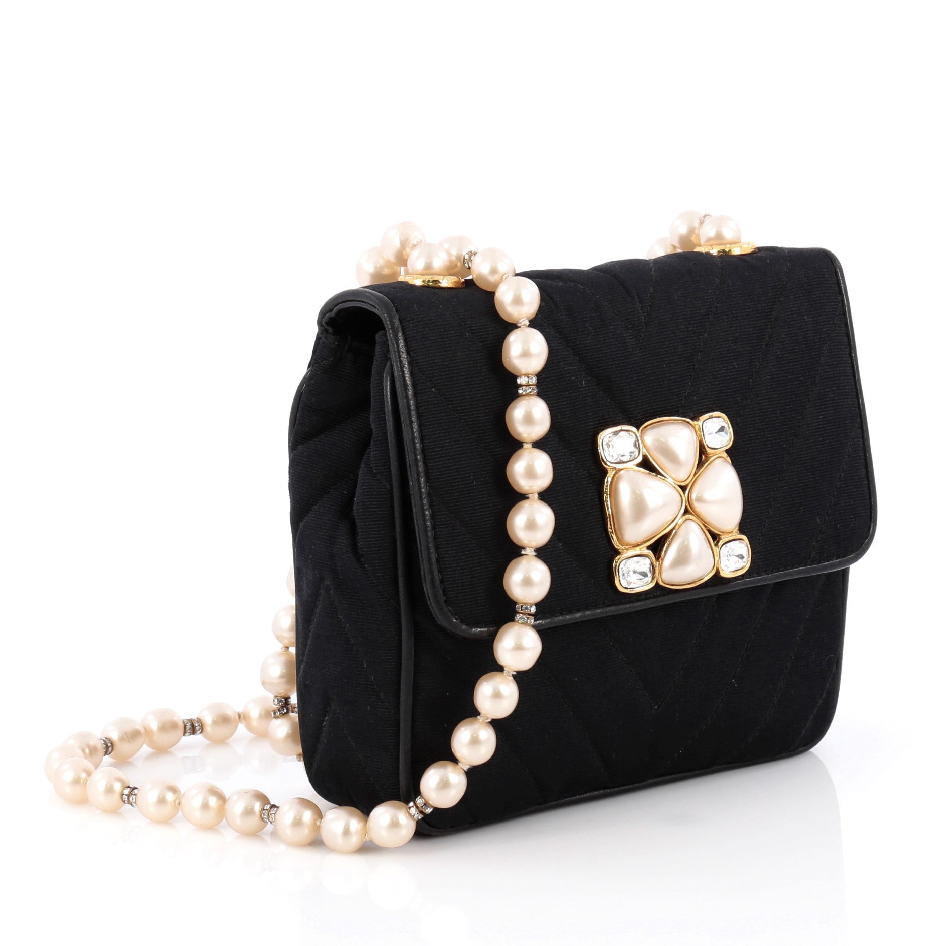 Vintage Pearl Flap Bag Chevron Satin Mini