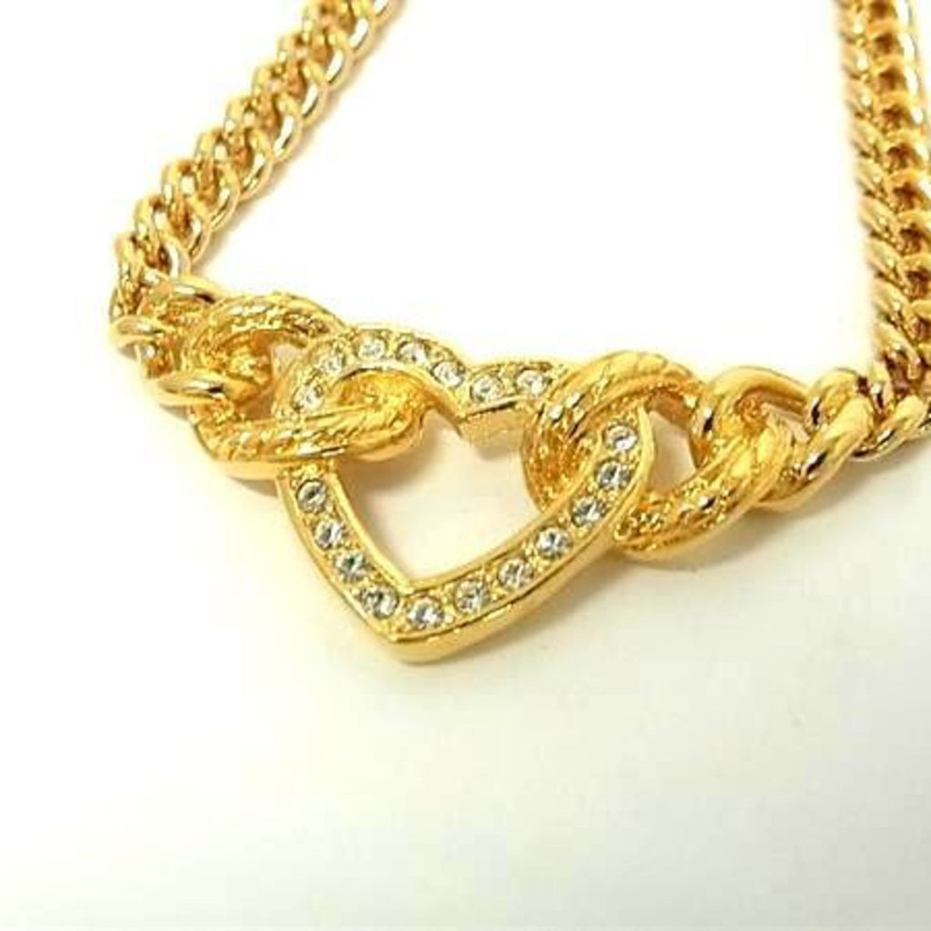 Rhinestone Heart Pendant Necklace Gold Metal