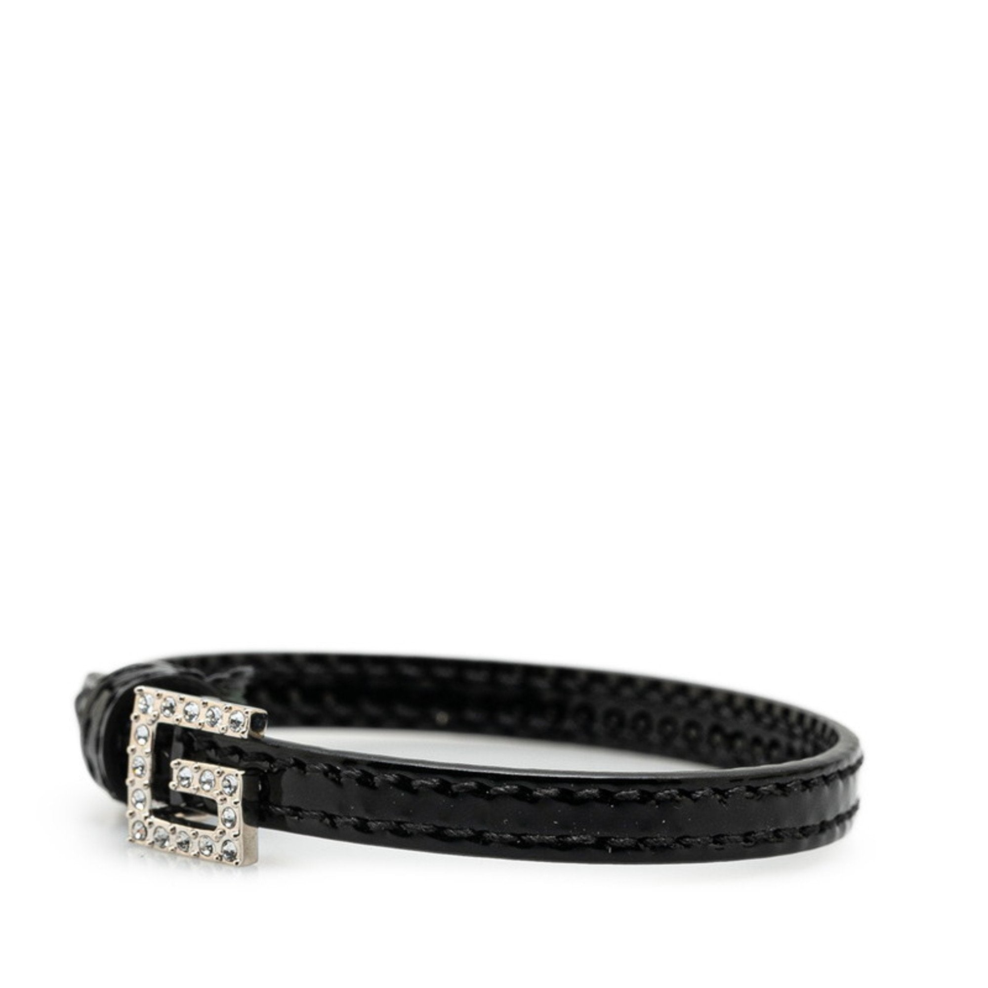 Square G Rhinestone Bracelet Black Leather