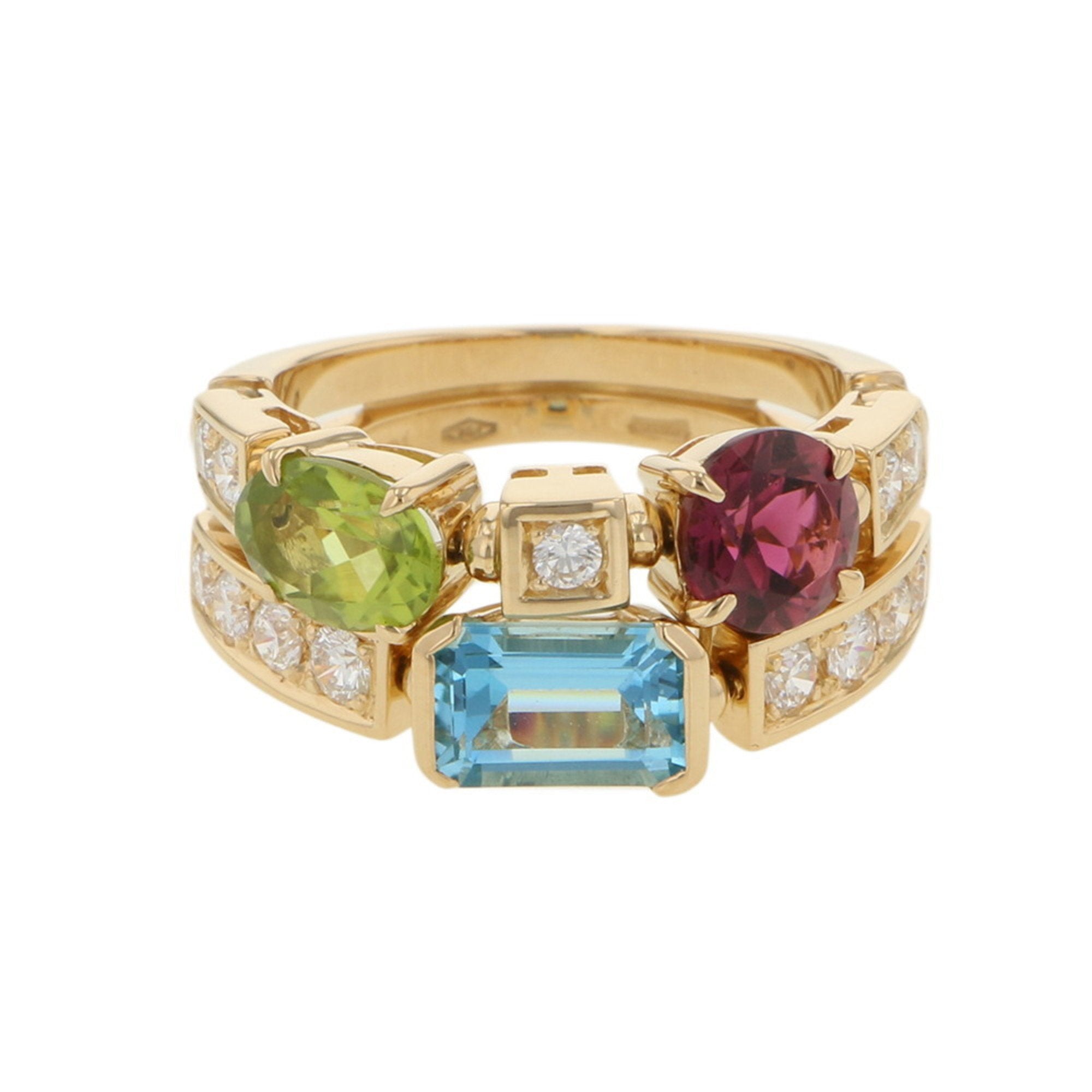 Ring 18K Yellow Gold with Diamond Peridot Topaz and Tourmaline