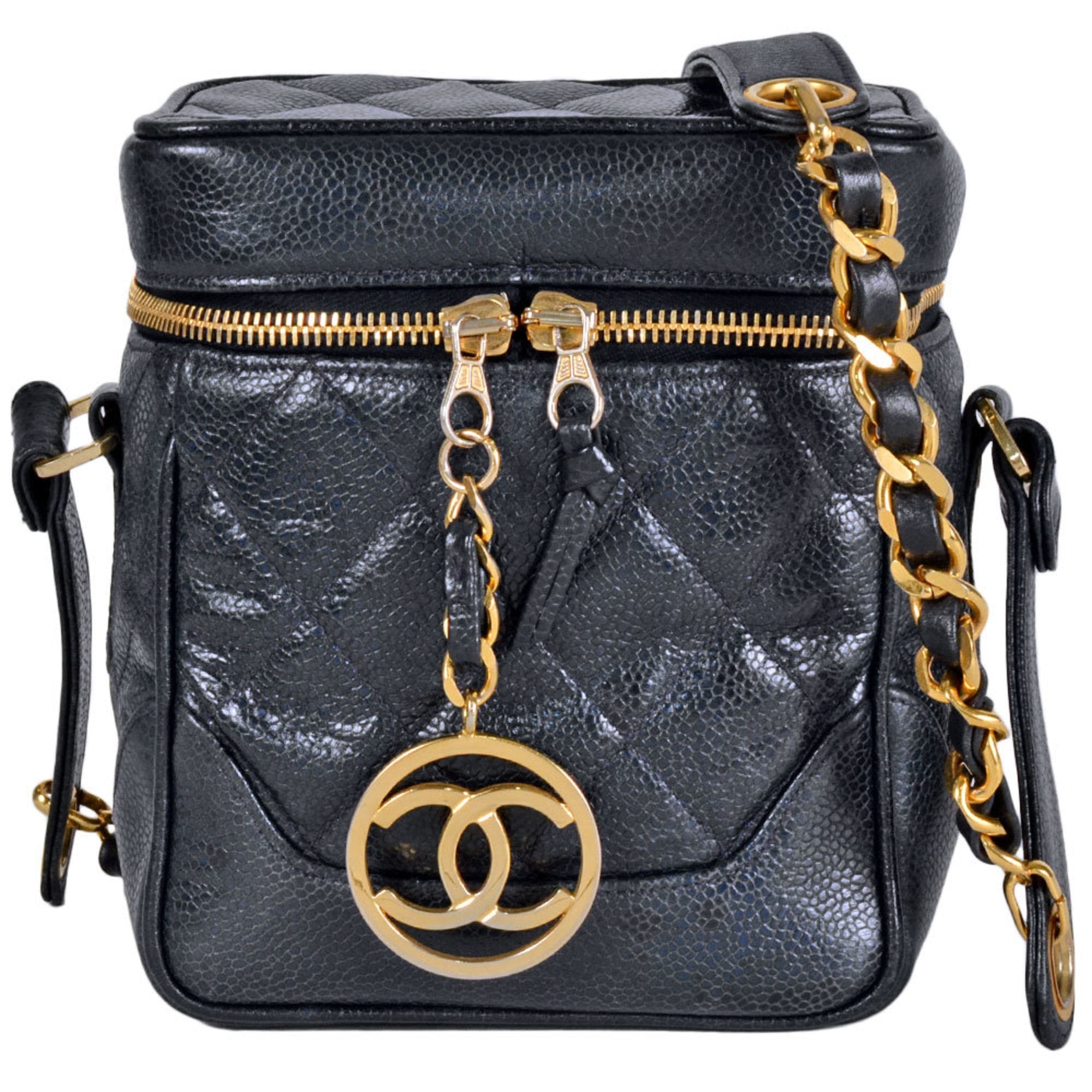 CC Top Handle Vanity Case with Chain Quilted Caviar Small