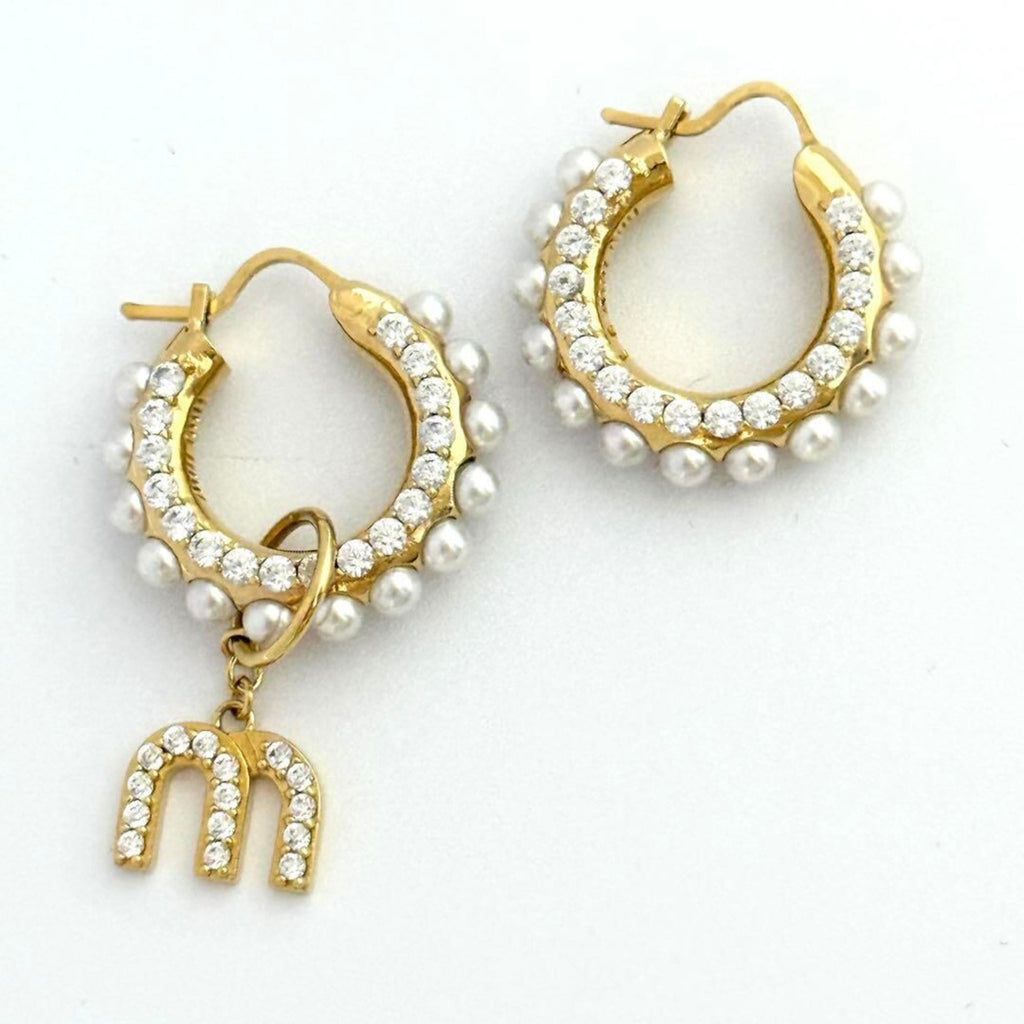 Hoop Earrings Metal with Artificial Pearl and Rhinestone