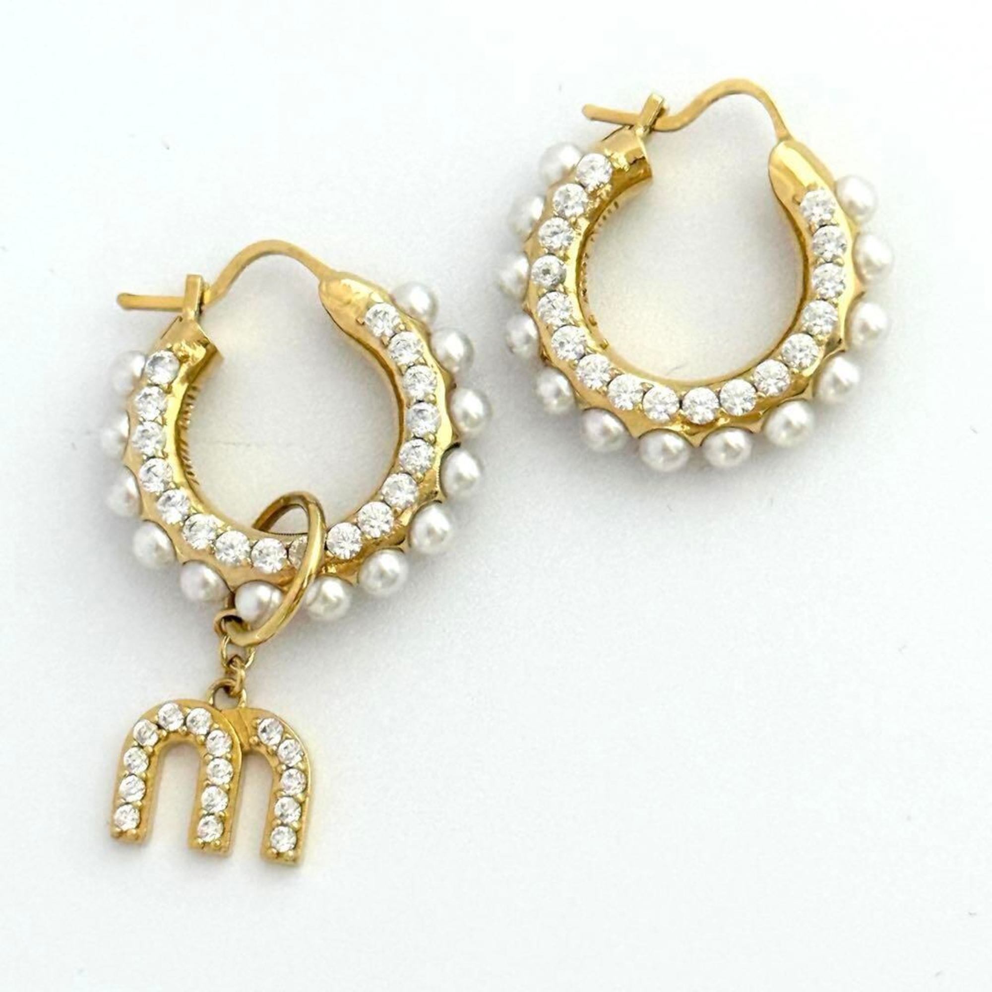 Hoop Earrings Metal with Artificial Pearl and Rhinestone