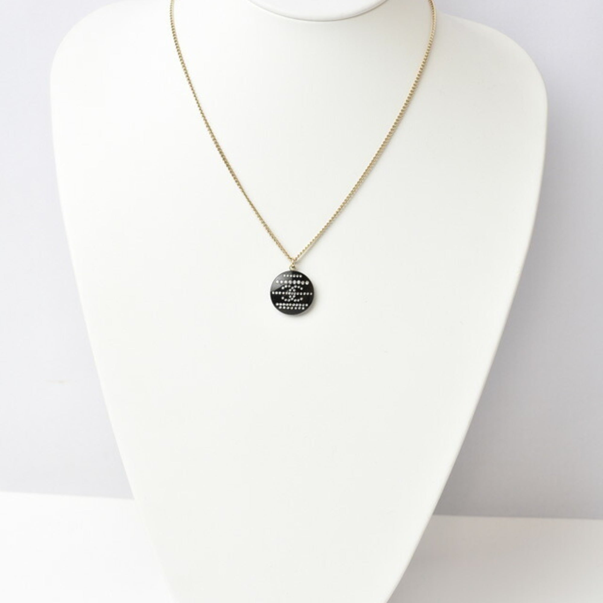 Pendant Necklace Plastic Black and Gold with Rhinestone