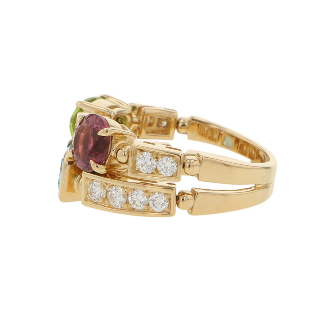 Ring 18K Yellow Gold with Diamond Peridot Topaz and Tourmaline
