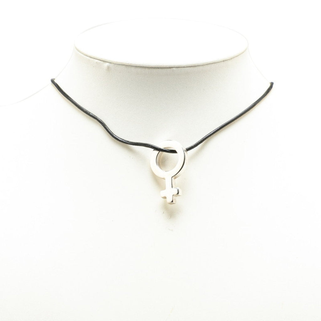 Pendant Necklace Black Leather and Sterling Silver