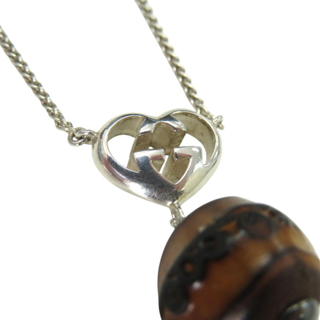 Interlocking G Heart Pendant Necklace Sterling Silver and Wood