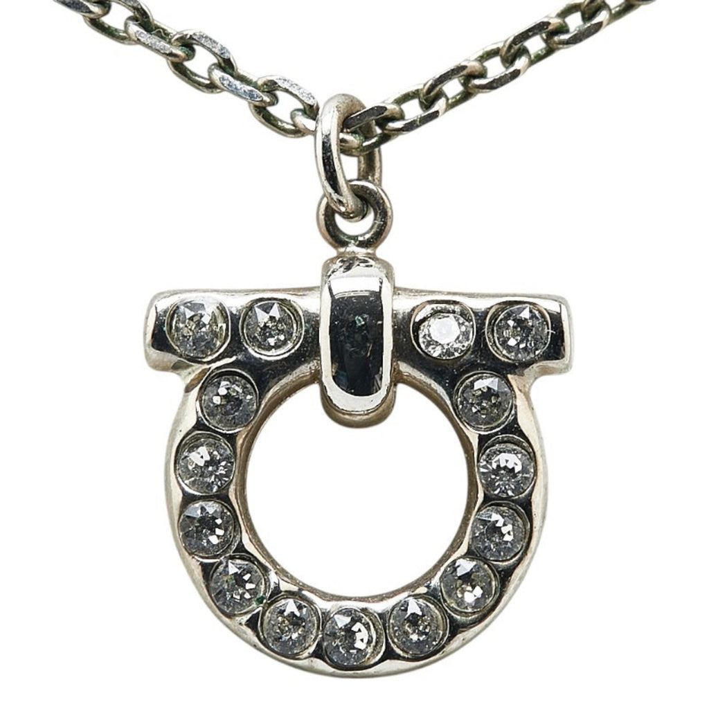 Gancini Rhinestone Pendant Necklace Metal Silver