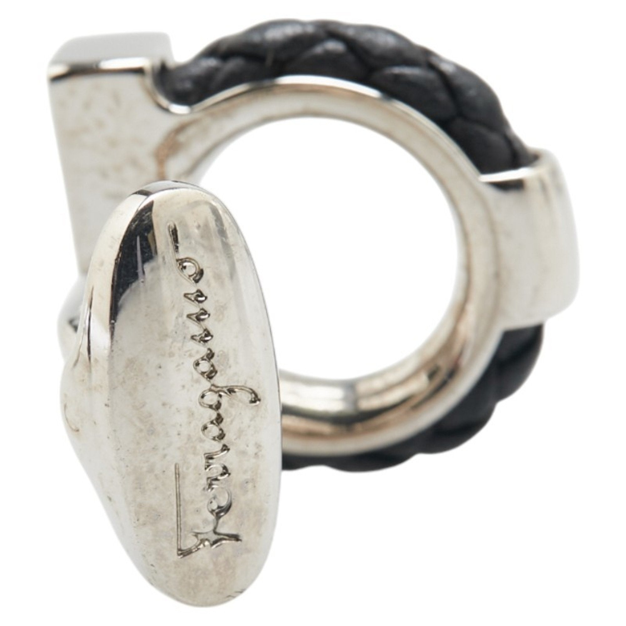 Gancini Cufflinks Leather and Metal Black and Silver Bracelet