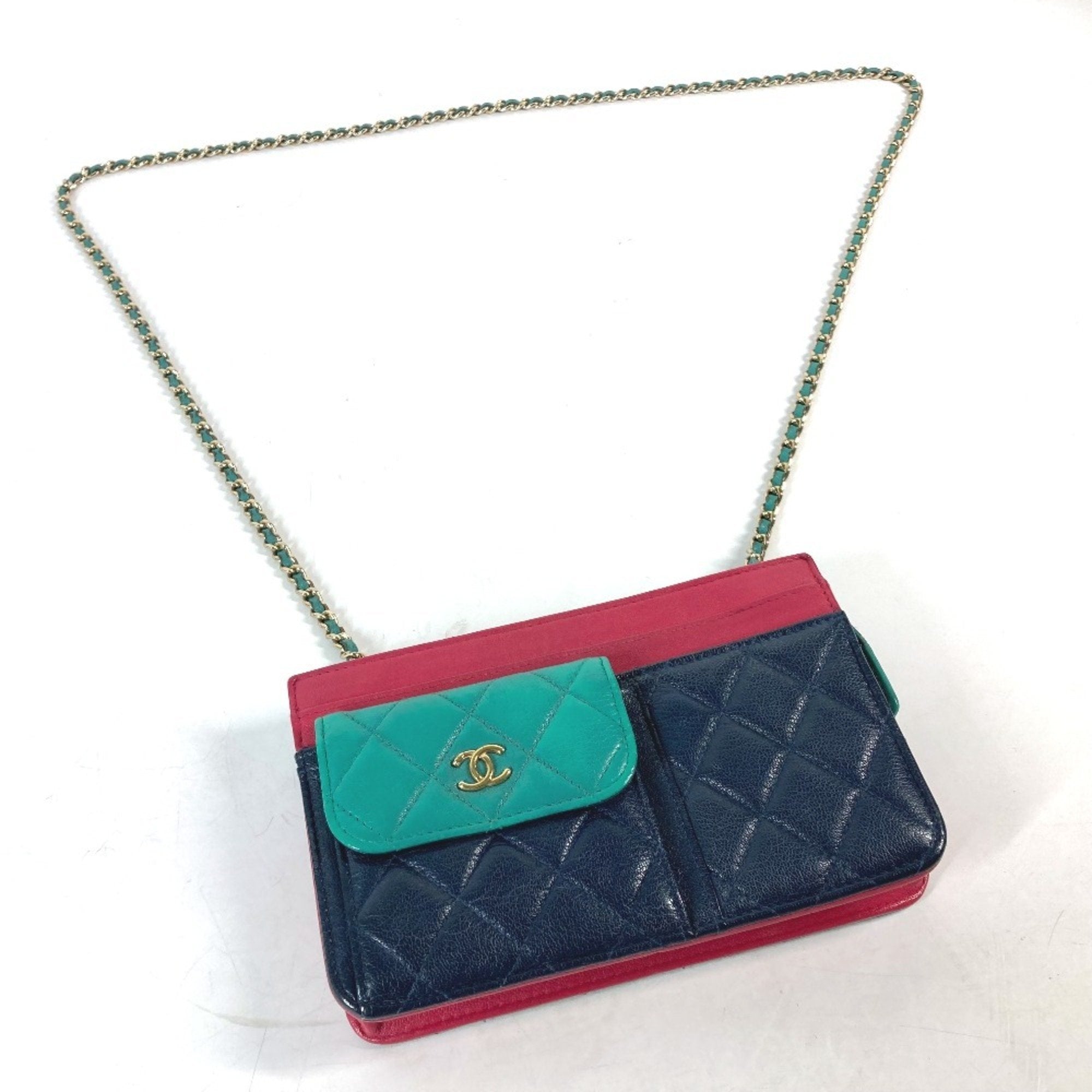 Tricolor CC Multi-Pocket Wallet on Chain Quilted Goatskin
