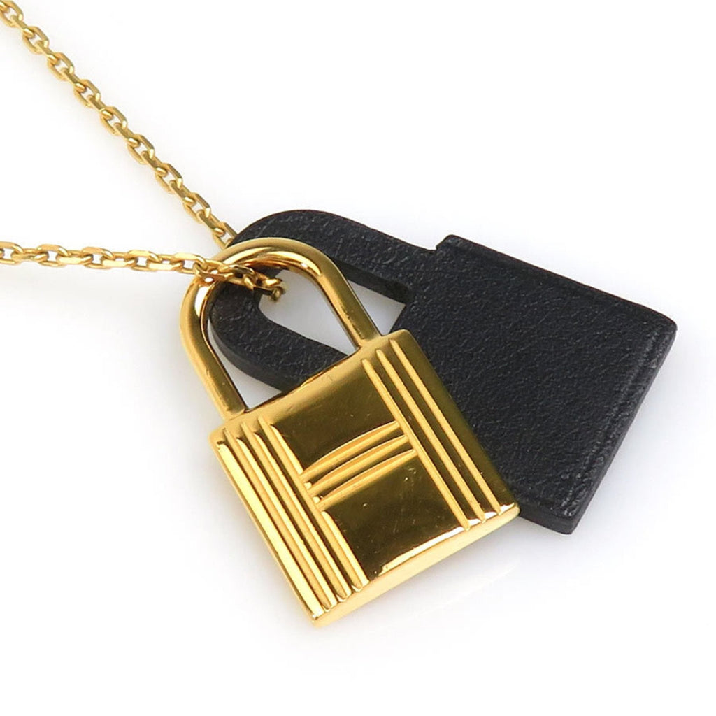 Pendant Necklace Metal and Swift Leather Black and Gold Mini