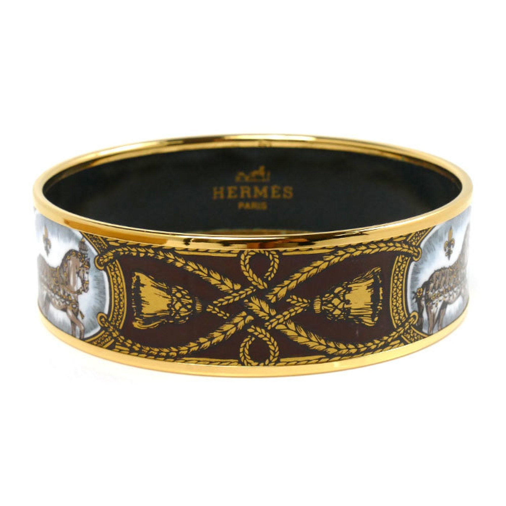 Horse Tassel Bangle Cloisonné and Enamel Black Brown Gold Bracelet